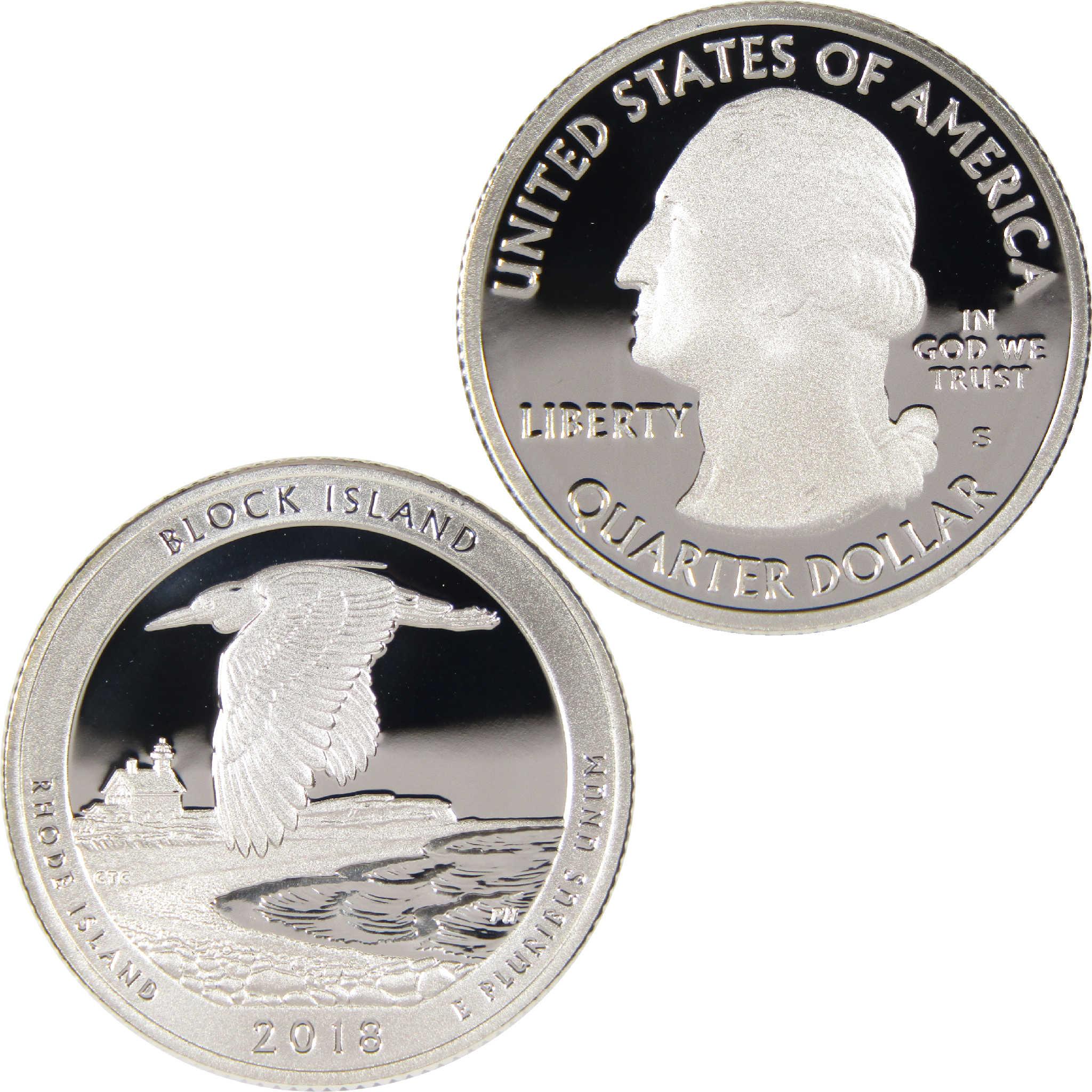 2018 Block Island Rhode Island proof quarter showing heron, lighthouse, and George Washington