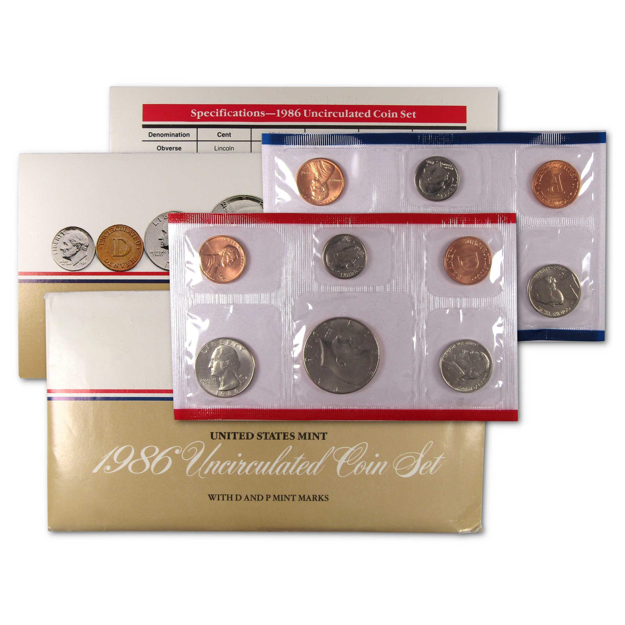 1986 United States Mint uncirculated coin set with packaging and visible coins