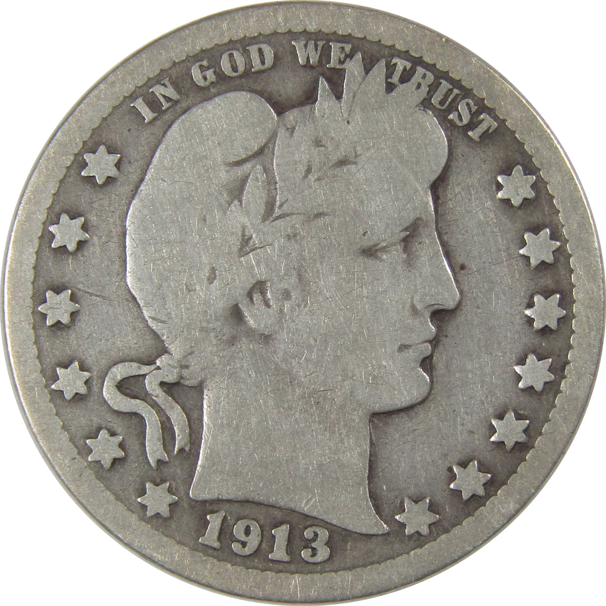 1913 Barber Quarter G Good Silver 25c Coin SKU:CP15