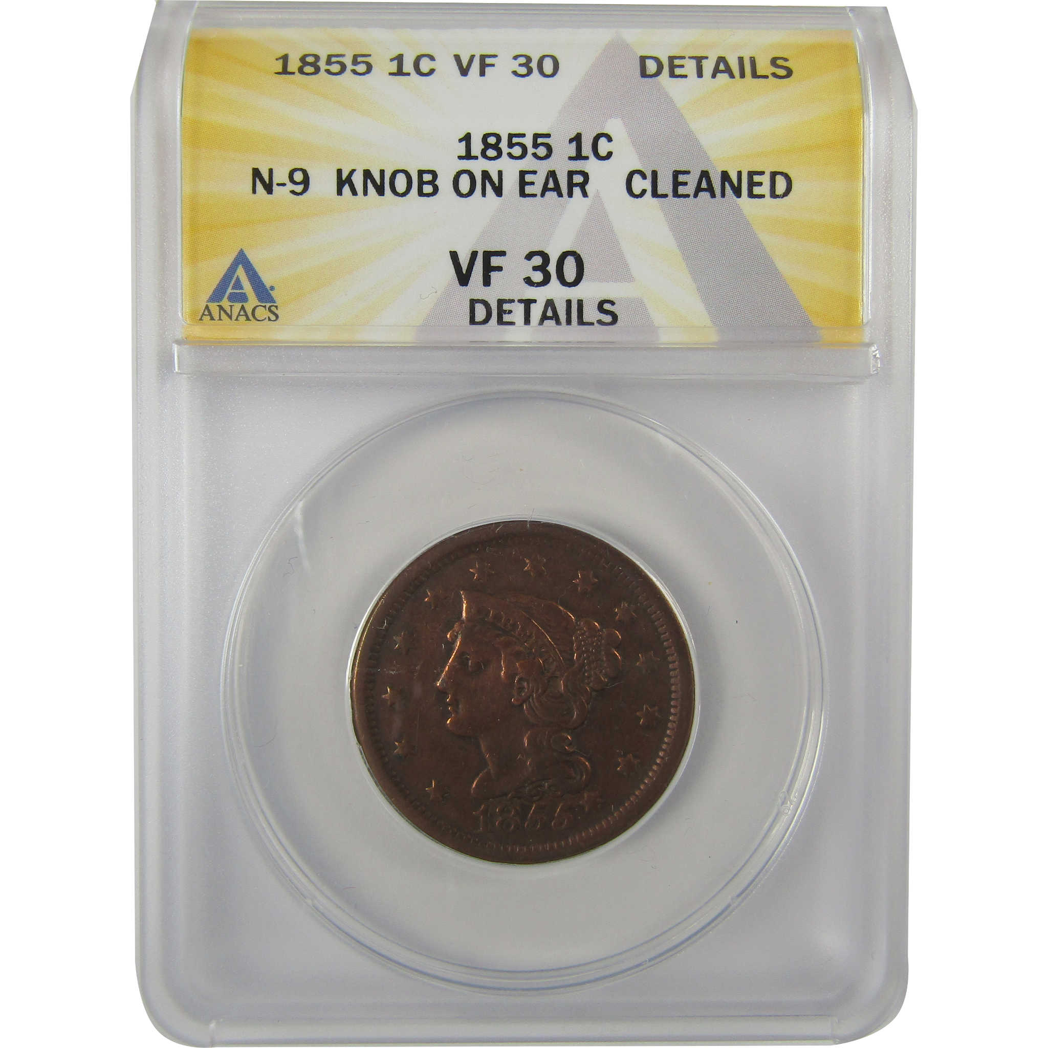 1855 Knob on Ear Braided Hair Large Cent VF30 Details ANACS SKU:I20099