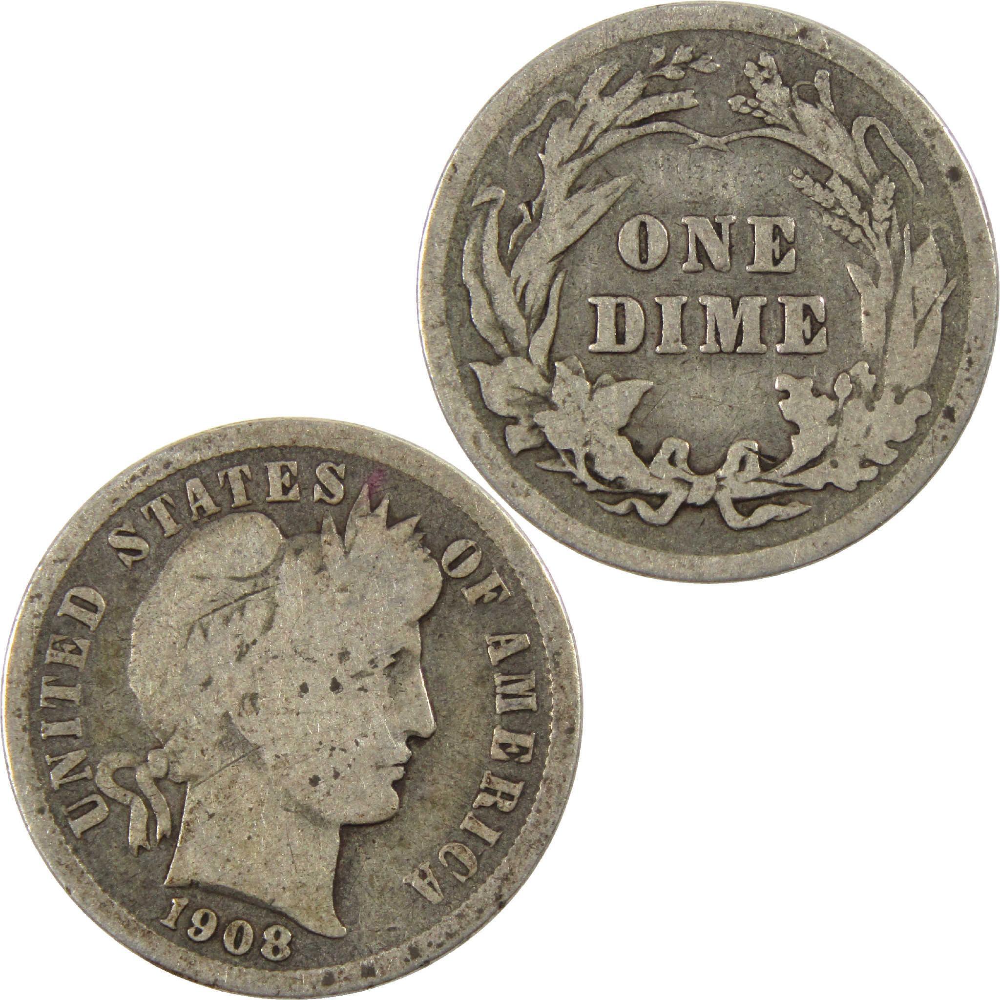 1908 Barber Dime Circulated Silver 10c Coin Collectible