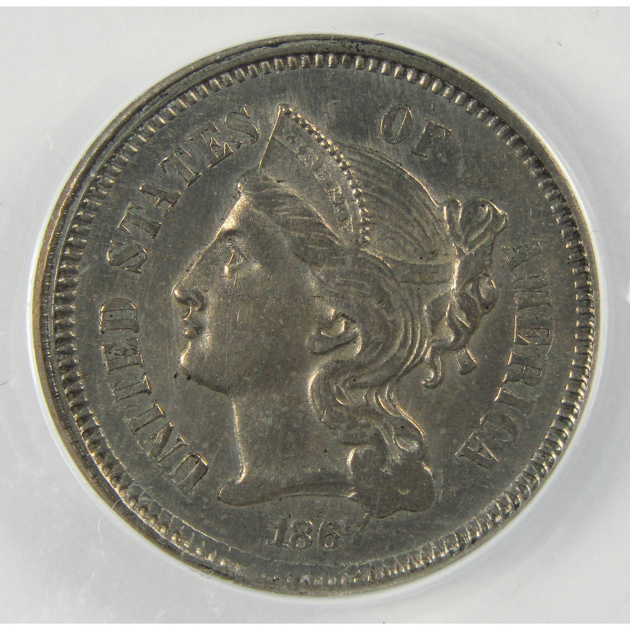 1867 Nickel Three Cent Piece MS 60 Details ANACS SKU:CP591