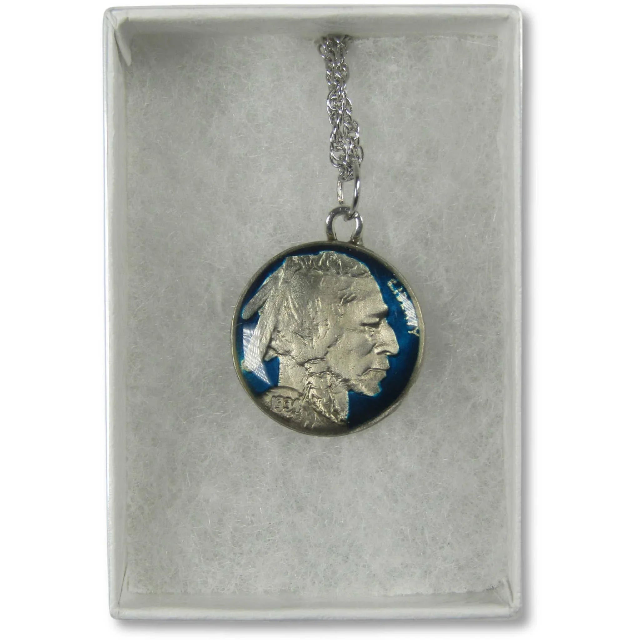 Enameled Buffalo Nickel Necklace with Silver-Plated Chain