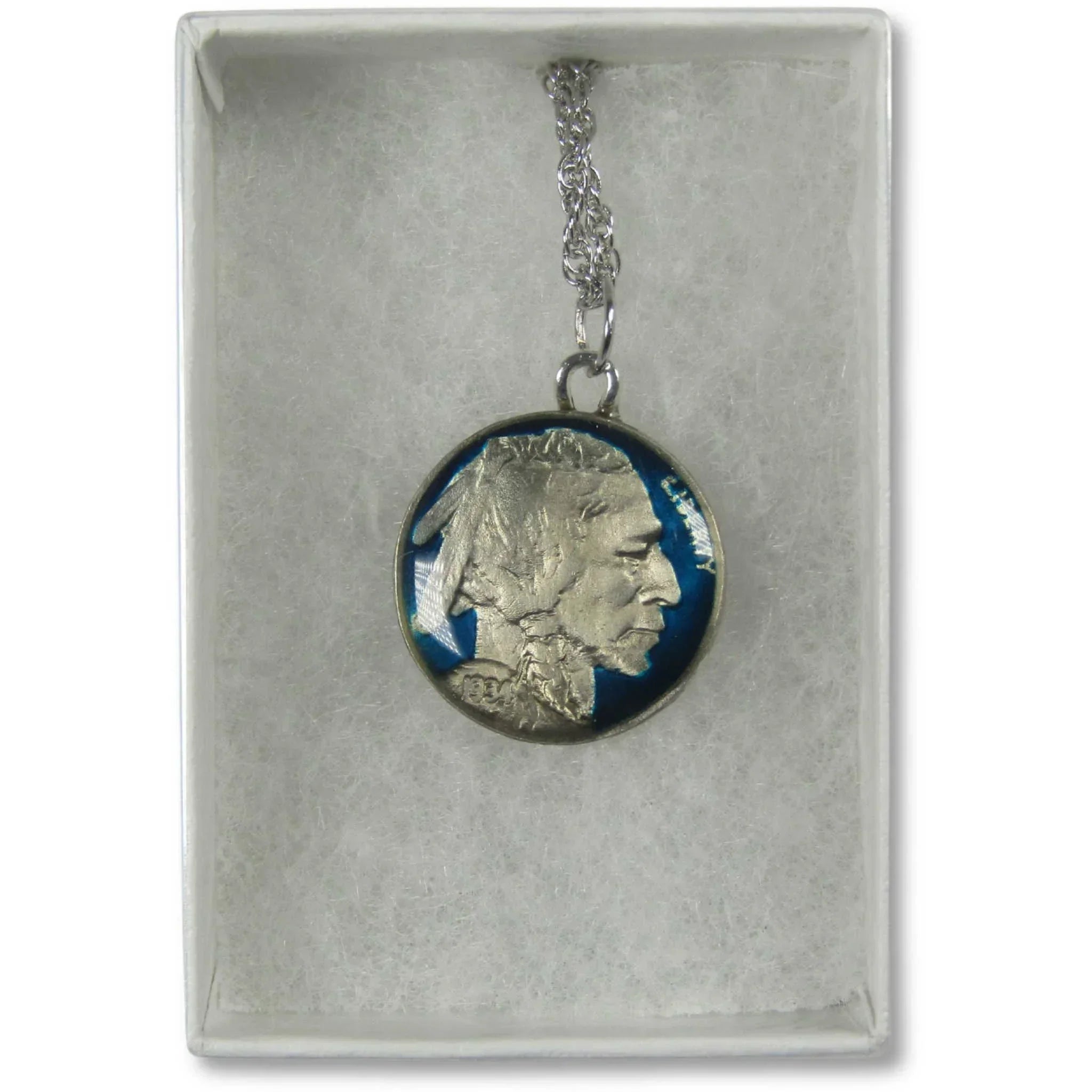 Enameled Buffalo Nickel Necklace with Silver-Plated Chain