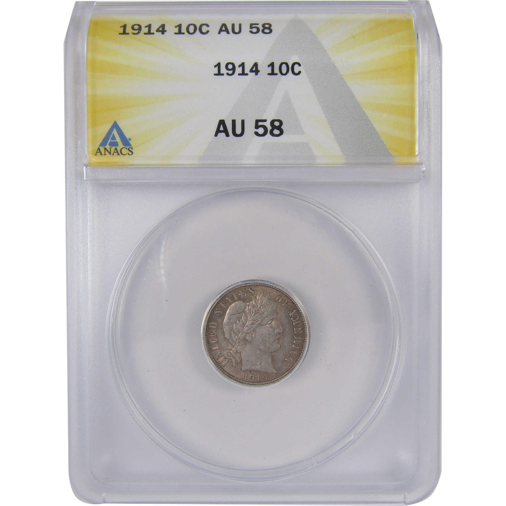 1914 Barber Dime AU 58 ANACS Silver 10c Coin SKU:I17878