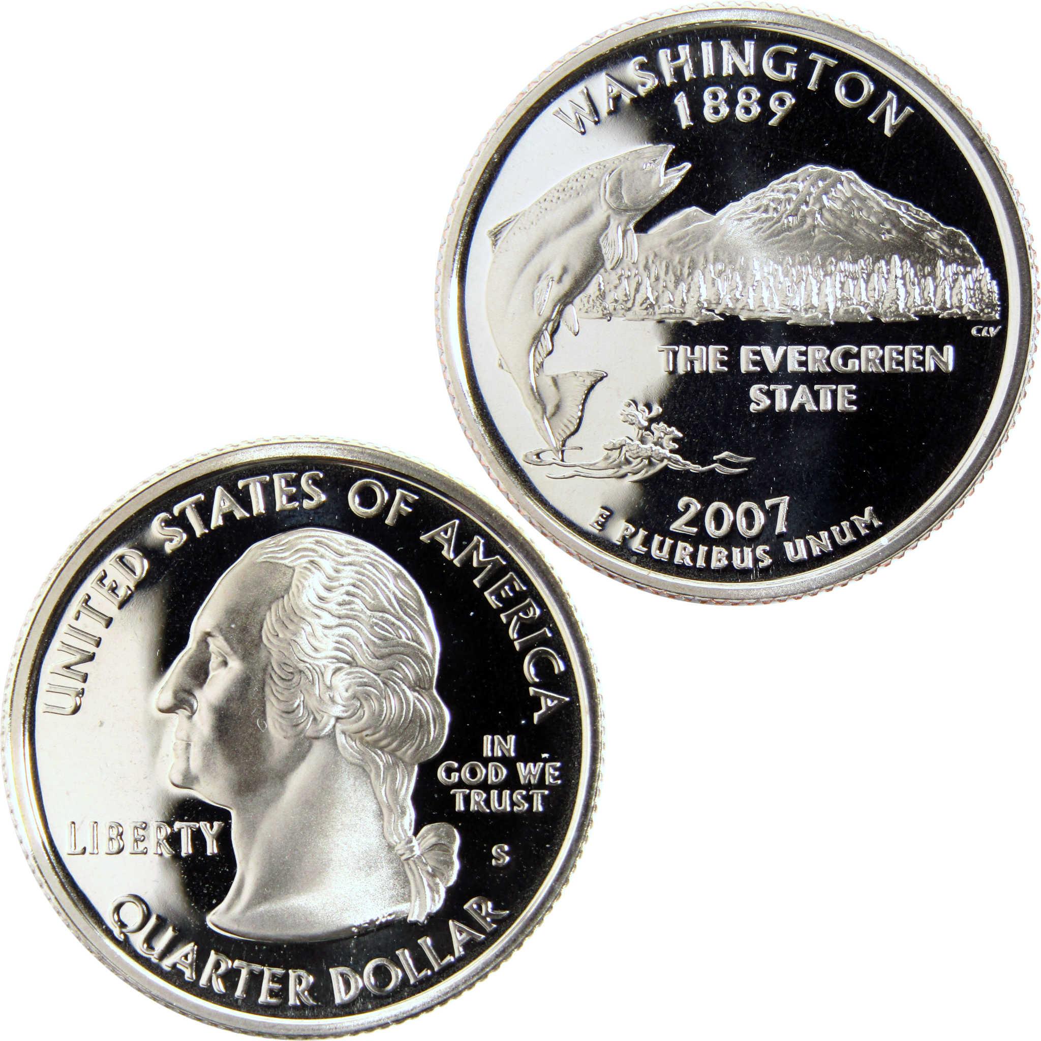 2007 Washington State quarter dollar coin with detailed salmon and mountain design