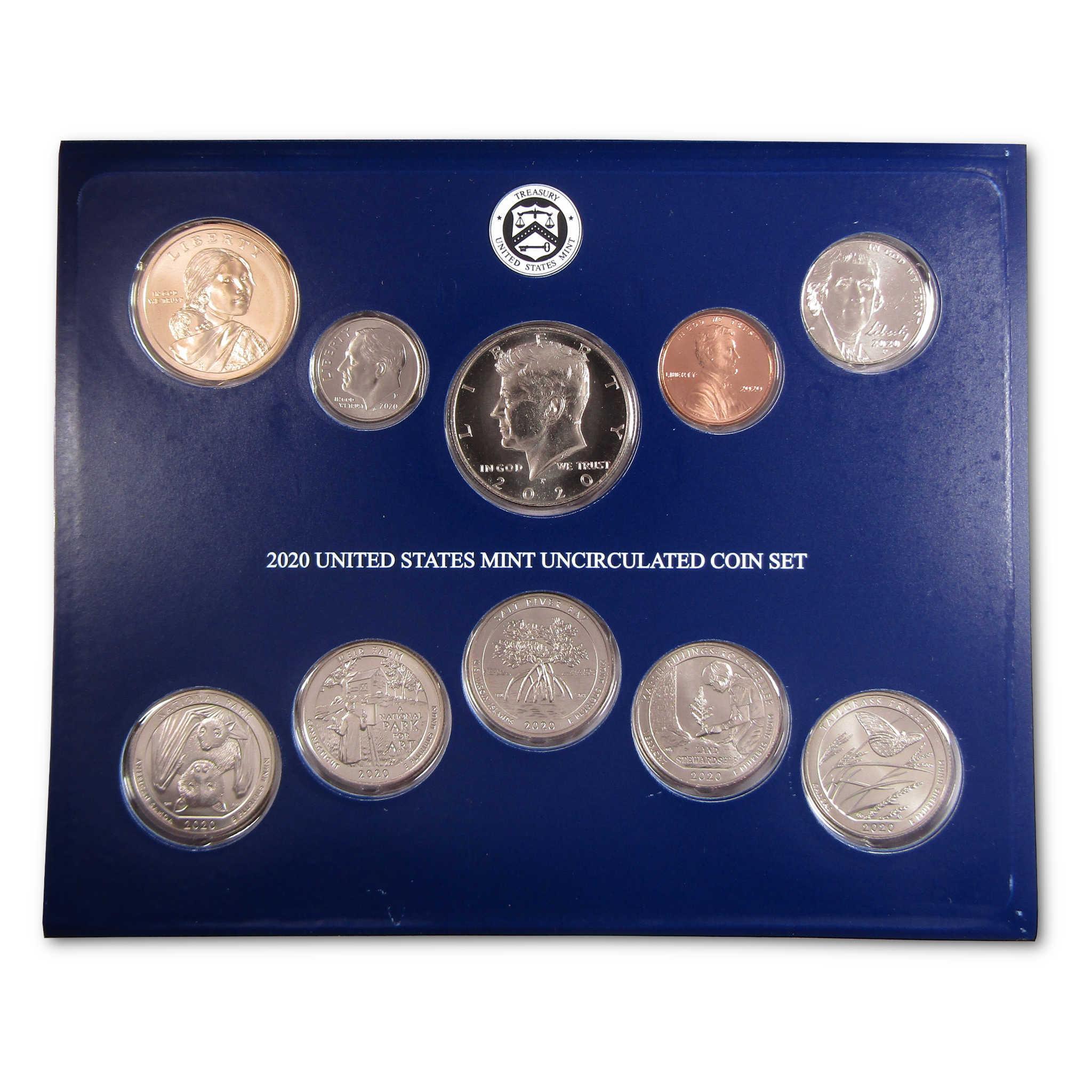 2020 United States Mint uncirculated coin set with ten collectible coins displayed in a blue holder.