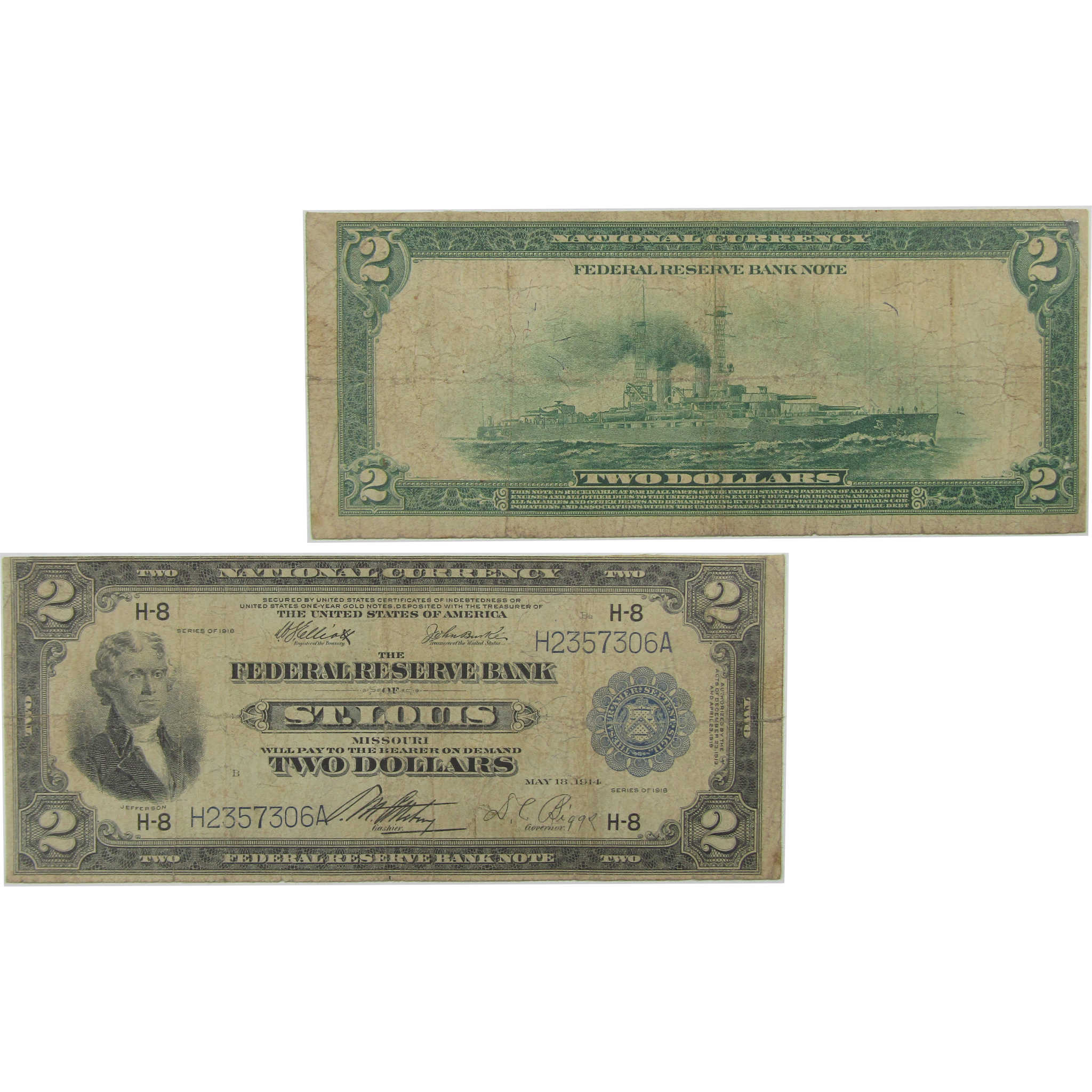 1918 $2 Federal Reserve Bank Note Saint Louis MO Very Good SKU:I23177