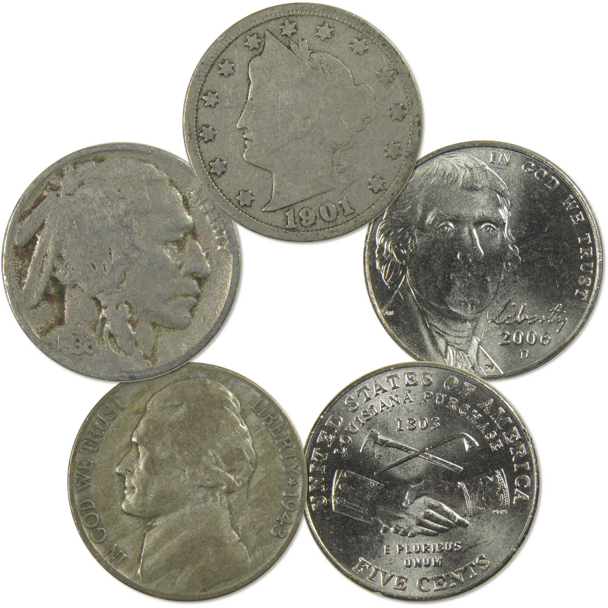 United States Nickel Liberty Buffalo & Jefferson 5-Coin Type Set
