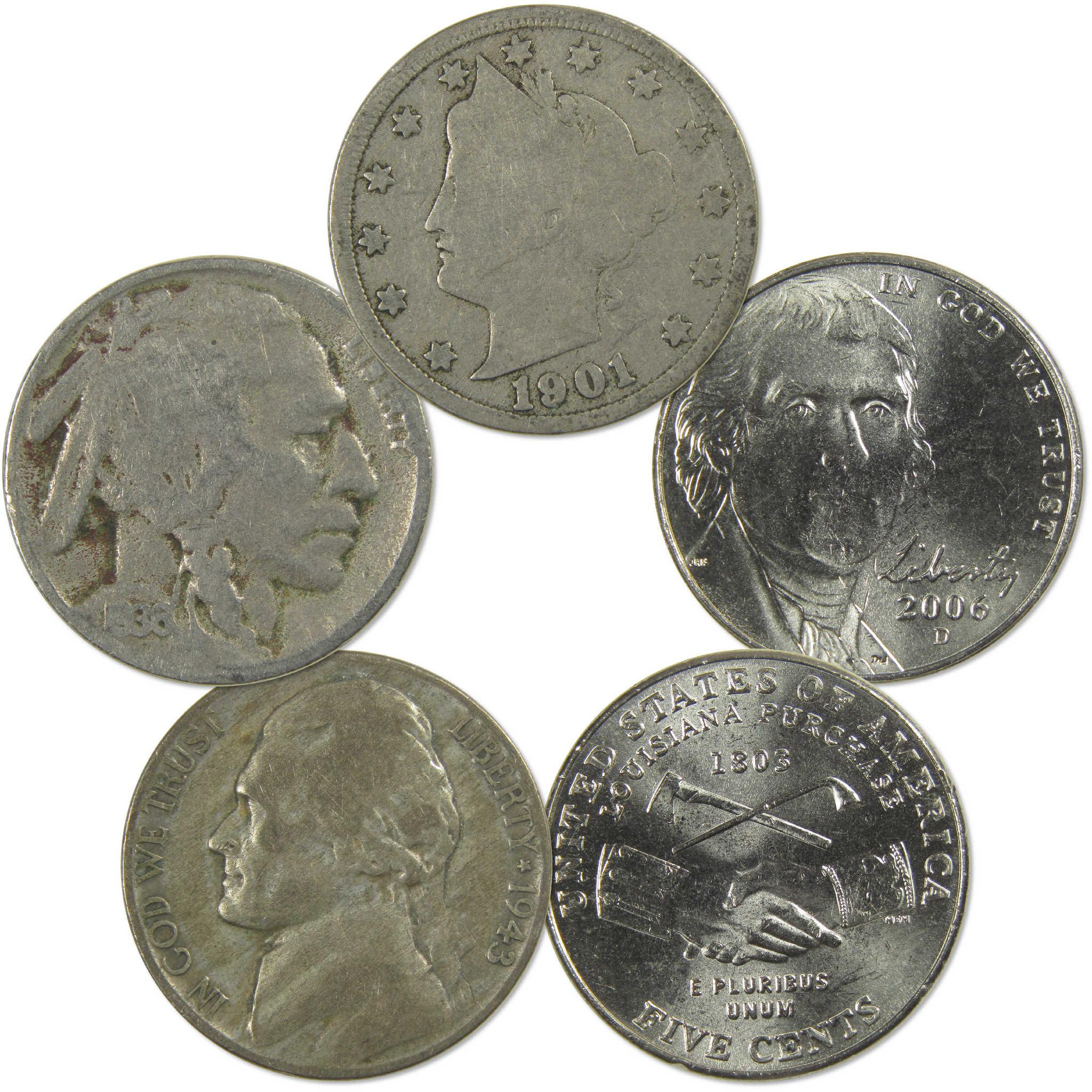 United States Nickel Liberty Buffalo & Jefferson 5-Coin Type Set