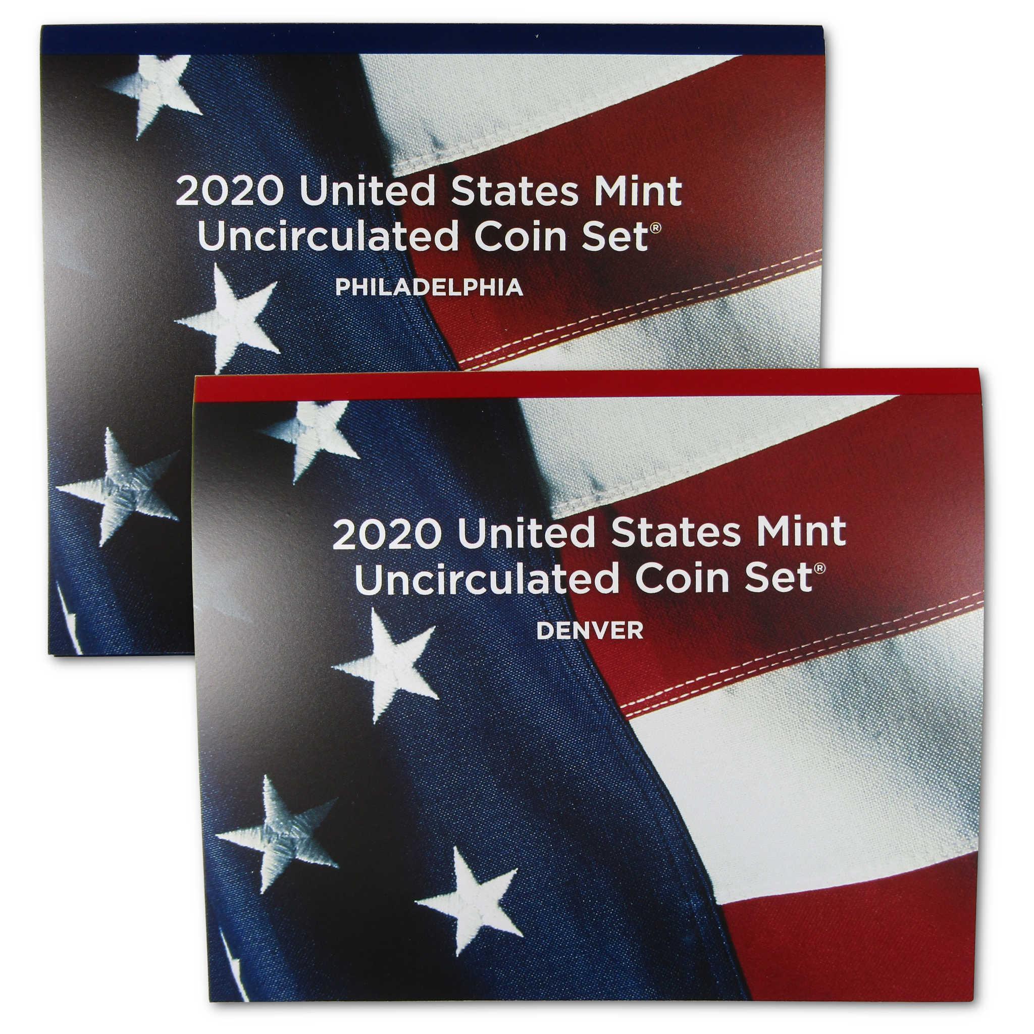 2020 United States Mint uncirculated coin sets from Philadelphia and Denver with American flag design
