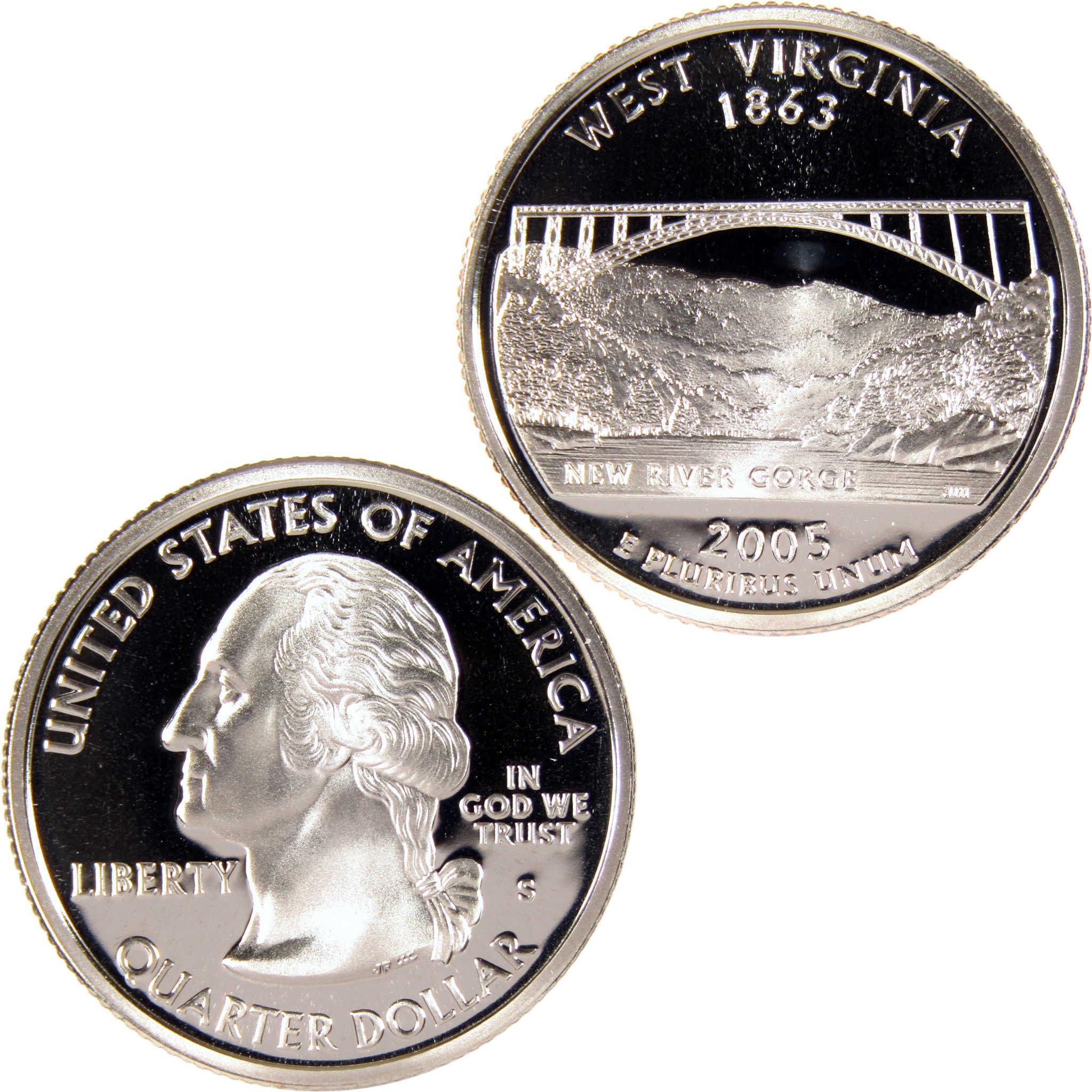 2005 West Virginia state quarter showing New River Gorge Bridge and George Washington profile