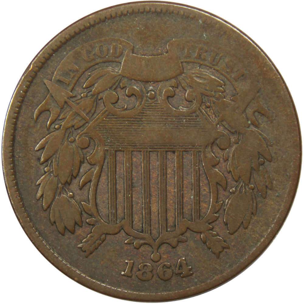 1864 Large Motto Two Cent Piece VG Very Good 2c Coin