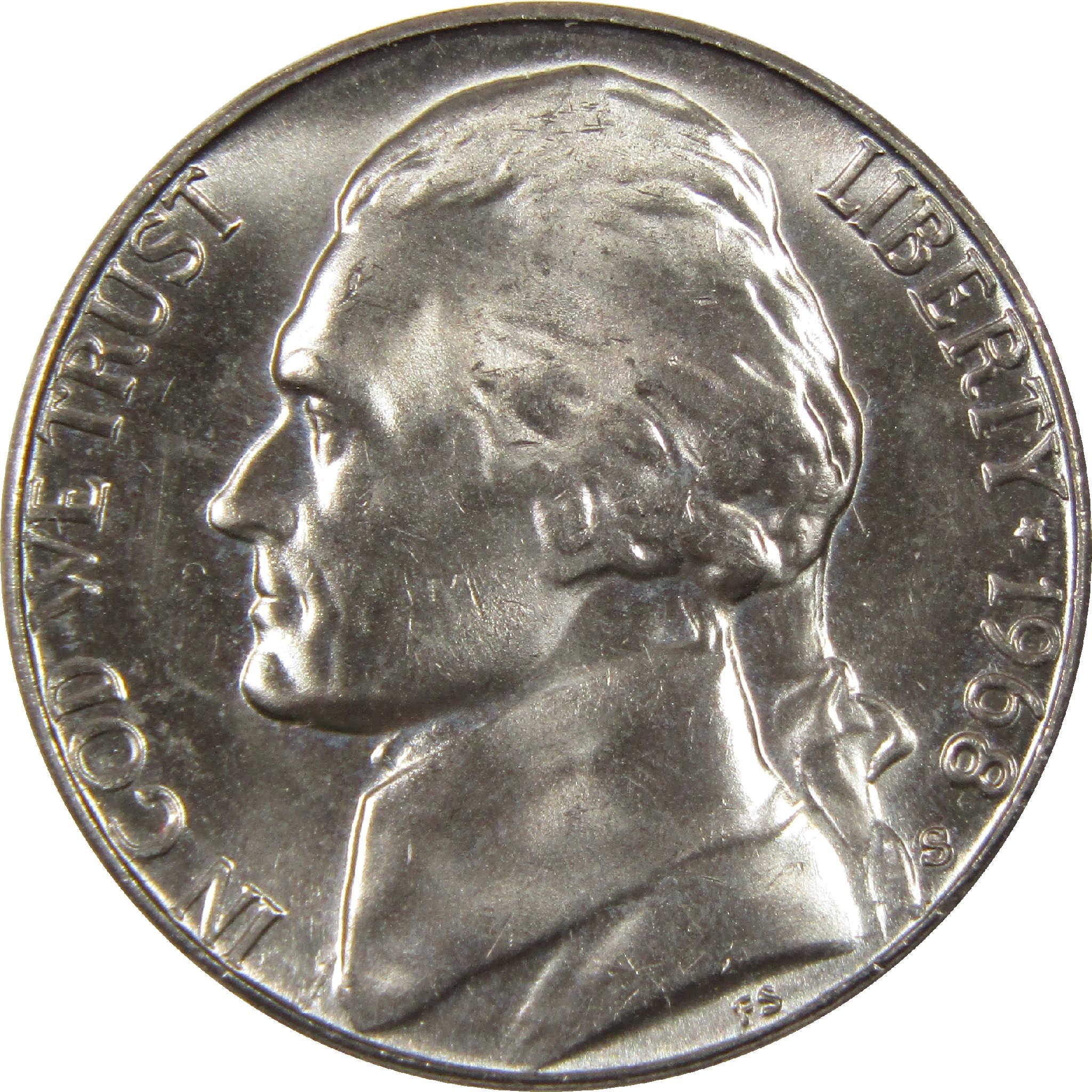 1968 Jefferson nickel coin obverse with Liberty and In God We Trust inscriptions