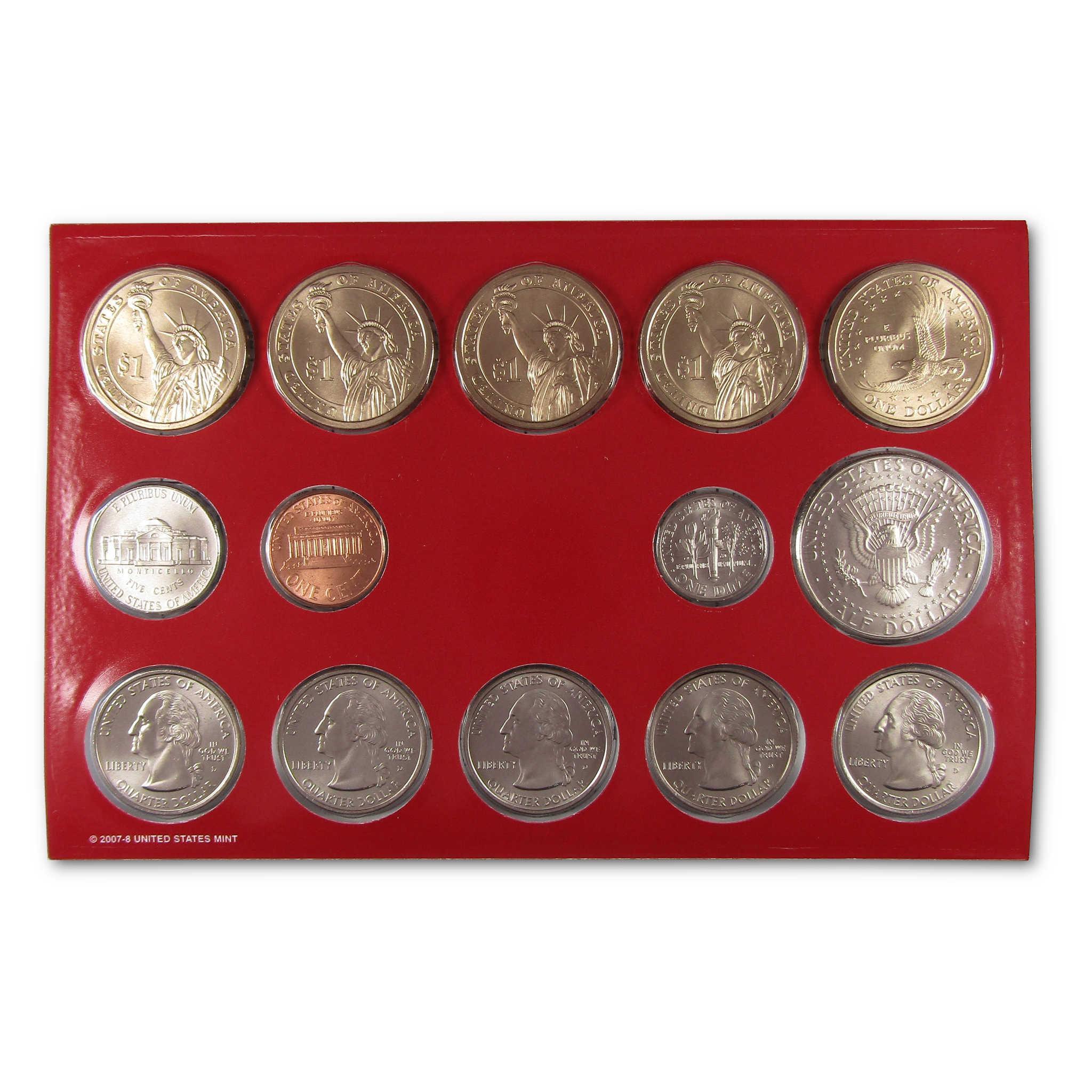 US mint coin set with collectible dollar, quarter, dime, nickel, and penny on red display