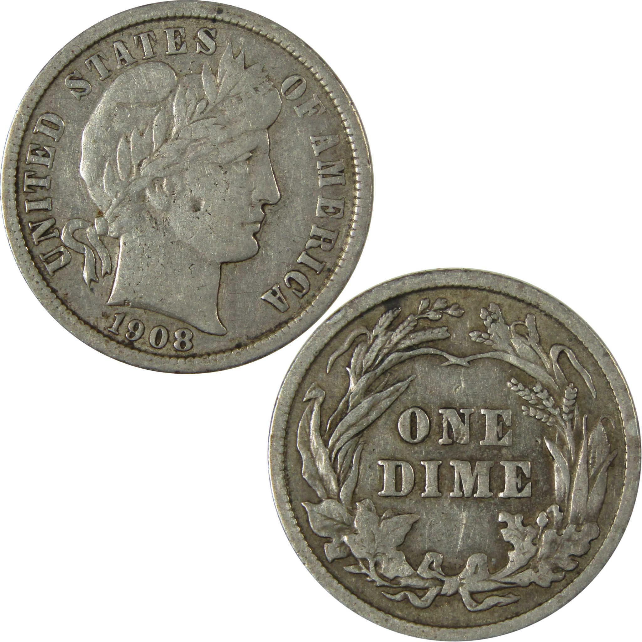 1908 Barber Silver Dime VF Very Fine Details 10c Coin SKU:CP1010