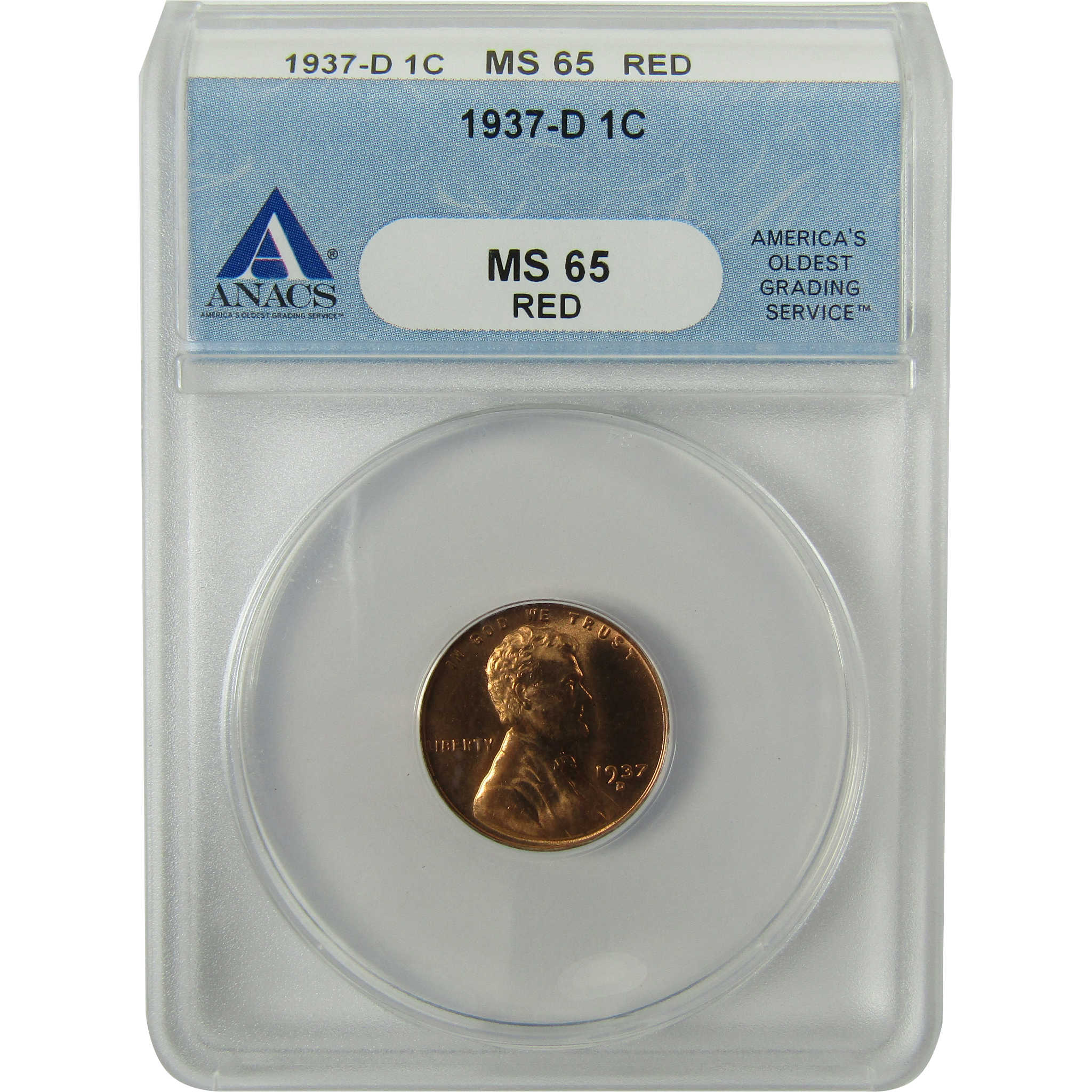 1937 D Lincoln Wheat Cent MS 65 RD ANACS Penny 1c Coin SKU:I28422