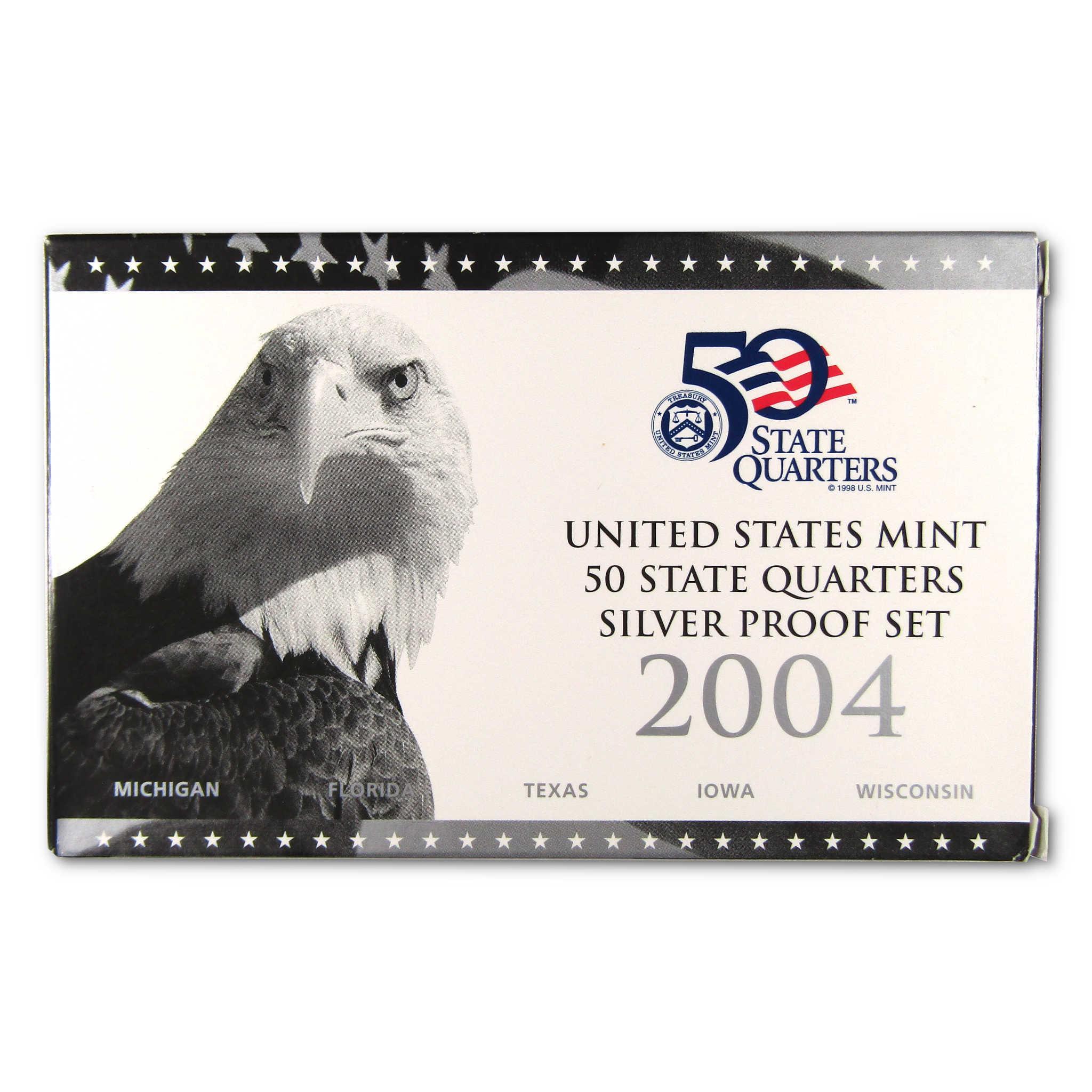 2004 United States Mint 50 State Quarters Silver Proof Set box with bald eagle image