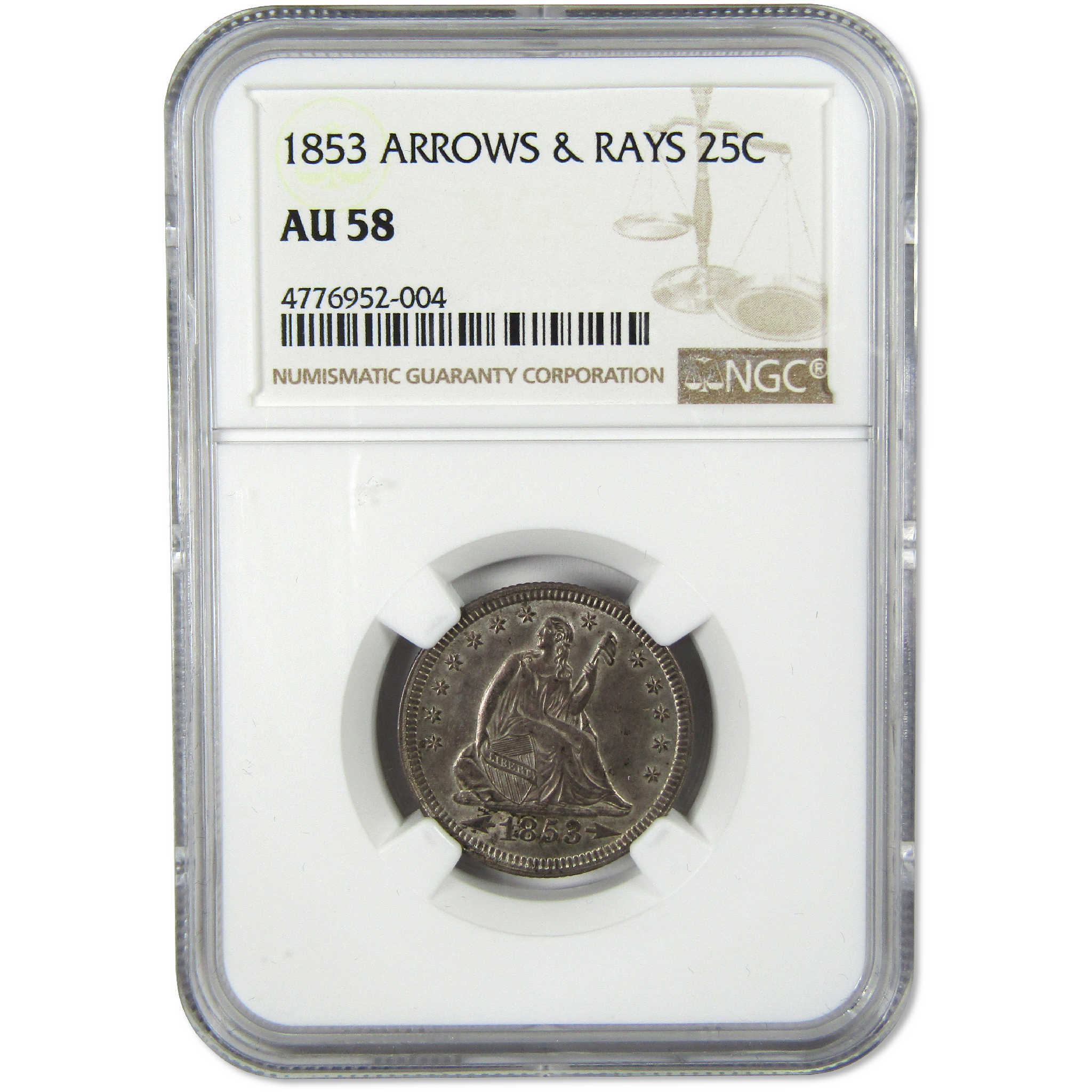 1853 Arrows and Rays Seated Liberty Silver Quarter AU 58 NGC 25c Coin