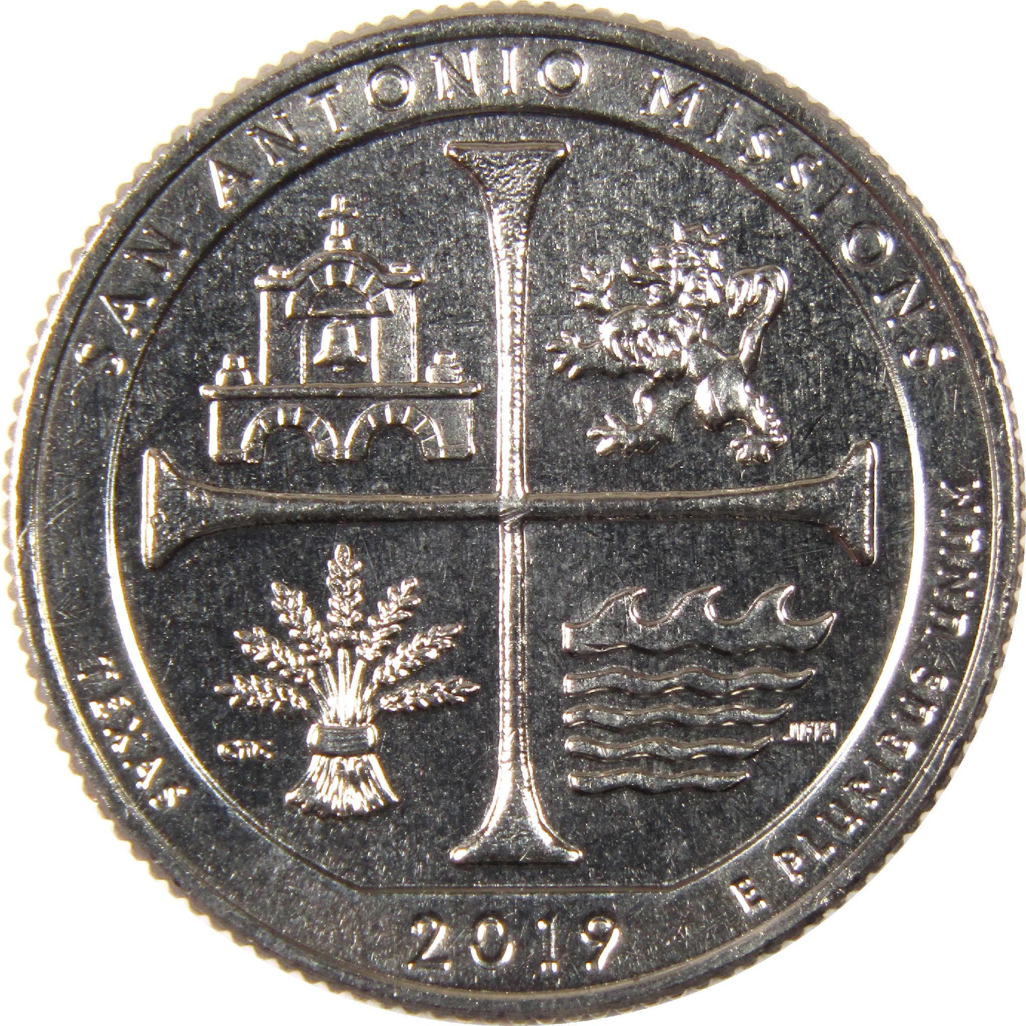 2019 San Antonio Missions Texas quarter with mission, lion, wheat, and waves design