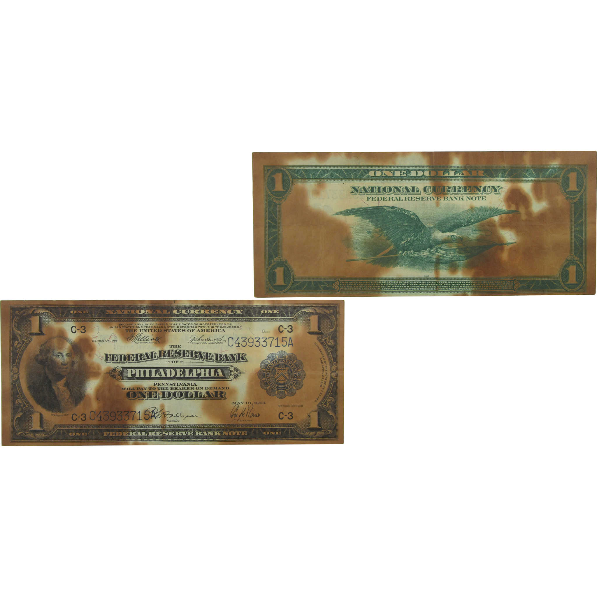 1918 $1 Federal Reserve Bank Note Philadelphia VF Details SKU:CPC0536