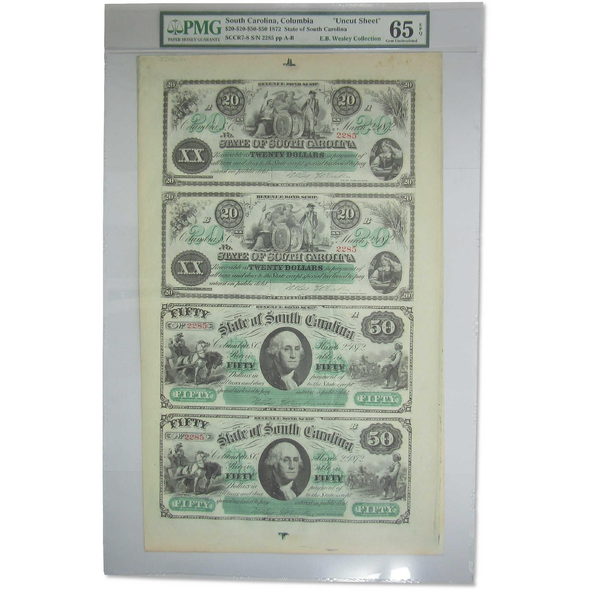 1872 $20/$50 South Carolina Uncut Sheet Gem Unc 65 EPQ PMG SKU:CPC9599