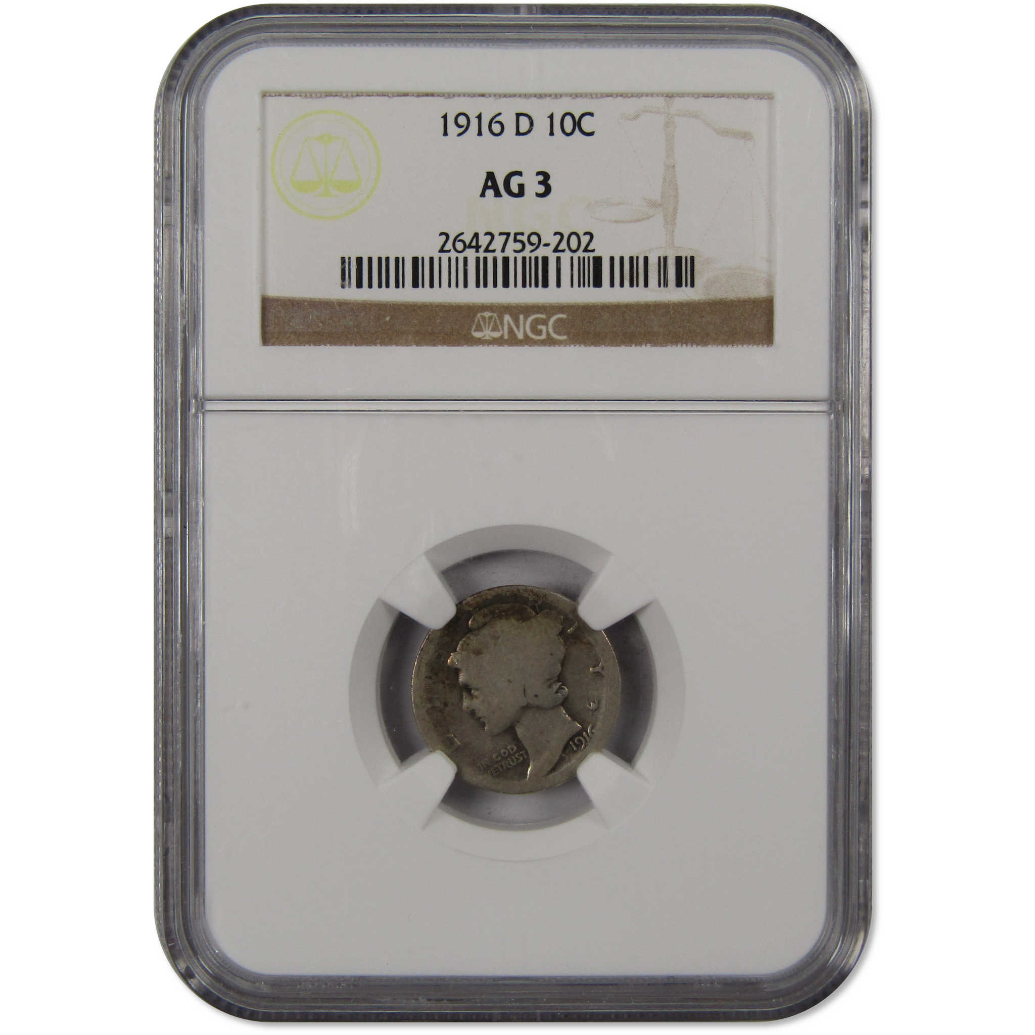 1916 D Mercury Dime AG 3 NGC 90% Silver 10c Coin SKU:I10158