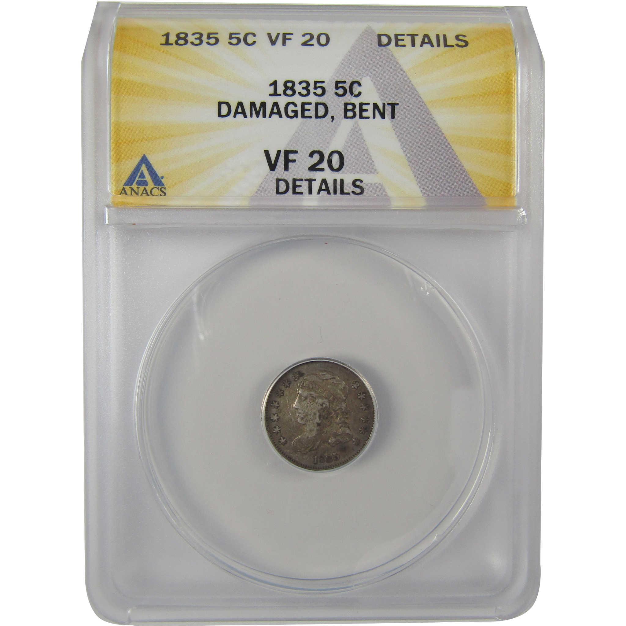 1835 Sm Date 5C Capped Bust Half Dime VF 20 Details ANACS SKU:I20107