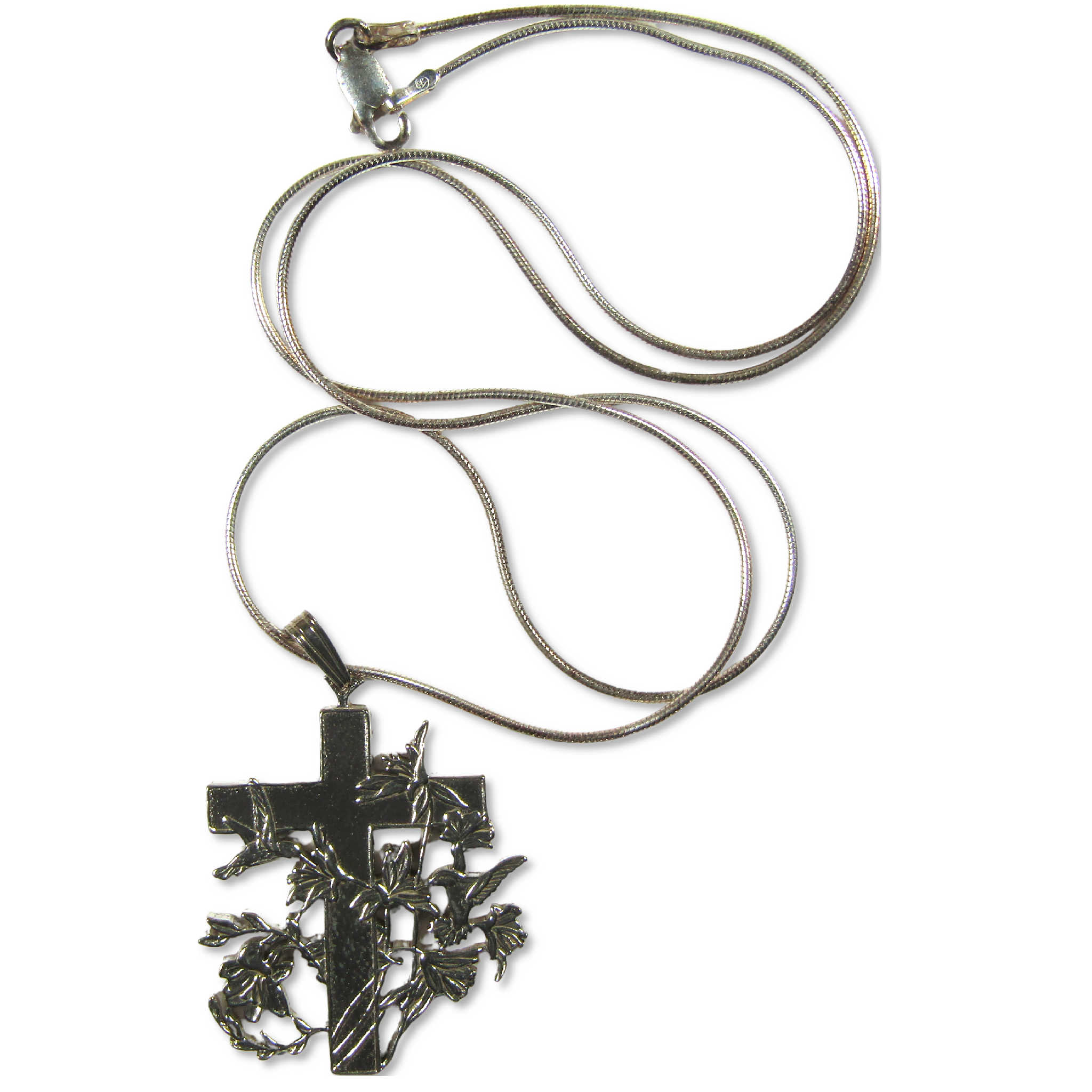 Hummingbird and Flowers Sterling Silver Cross Necklace with Chain