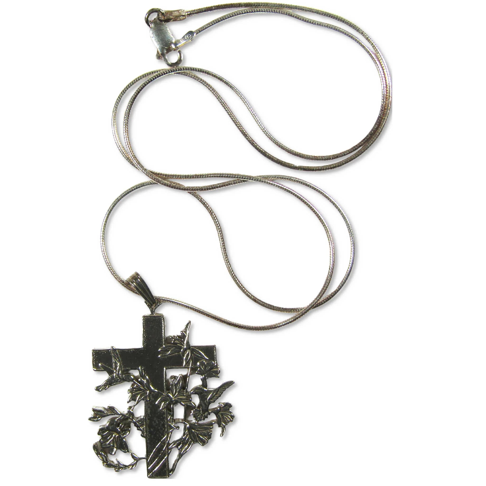 Hummingbird and Flowers Sterling Silver Cross Necklace with Chain