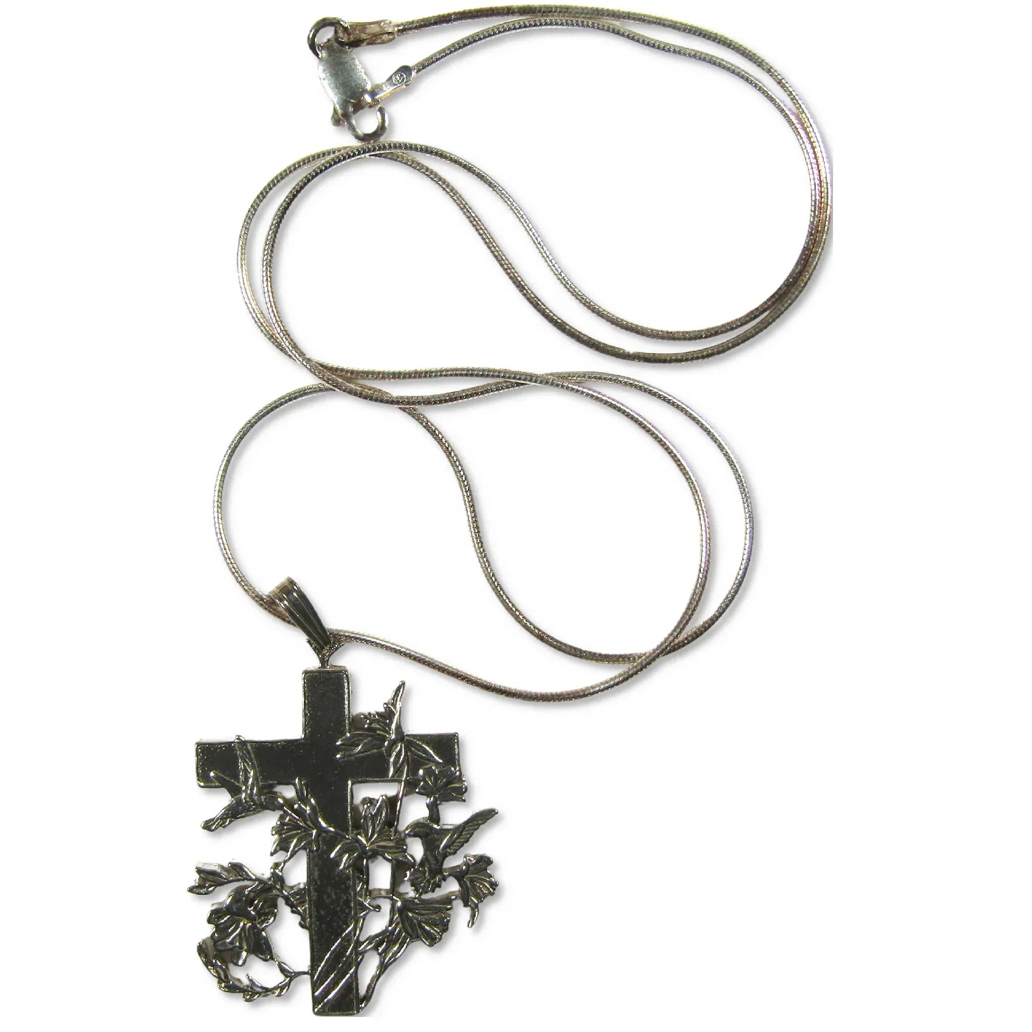 Hummingbird and Flowers Sterling Silver Cross Necklace with Chain