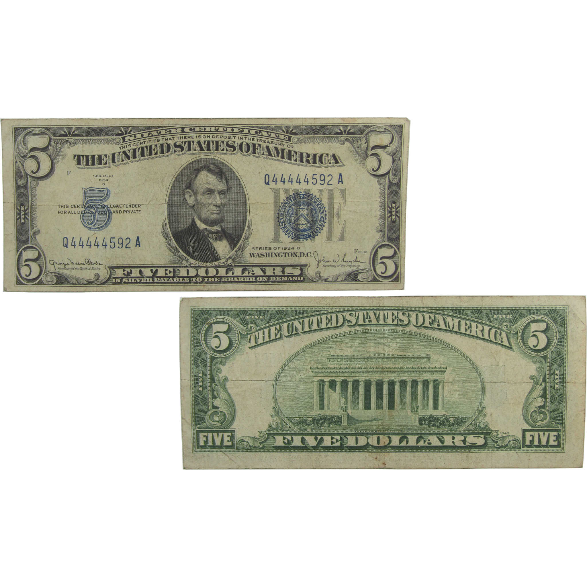 1934 D $5 Silver Certificate Fine Serial Contains Five Same Digit