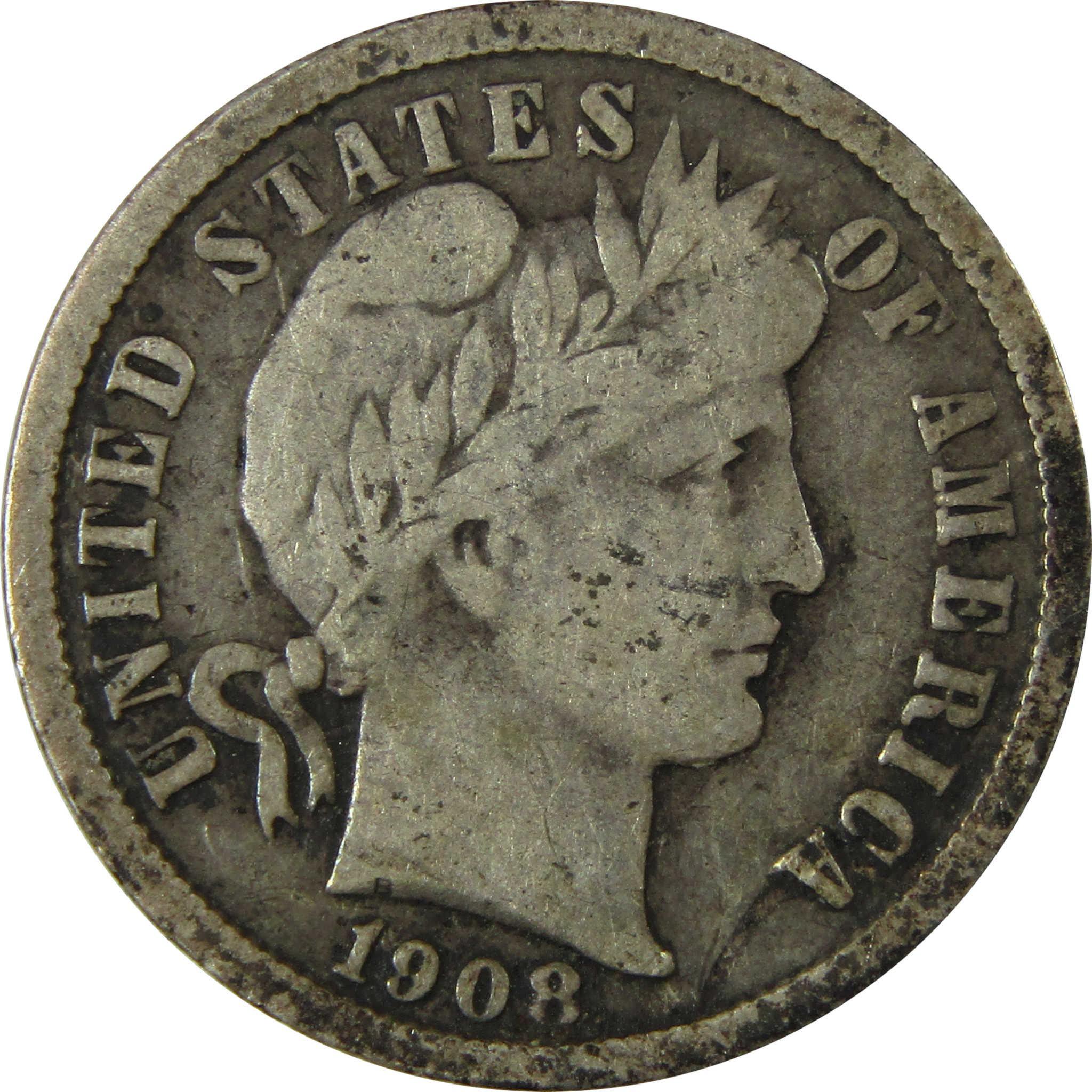 1908 Barber Silver Dime F Fine 10c Coin Collectible SKU:CP982