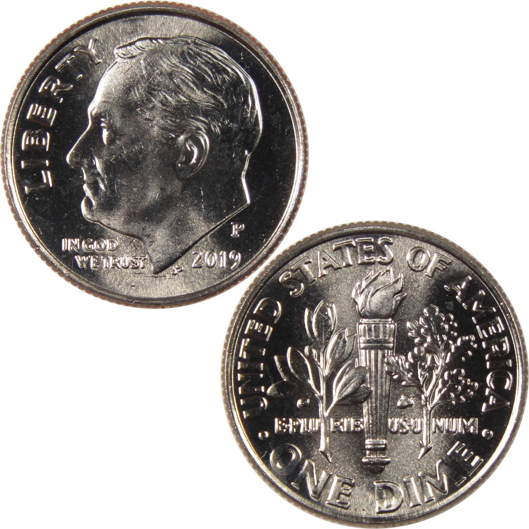 2019 Roosevelt dime obverse and reverse, collectible U.S. ten cent coin, uncirculated condition