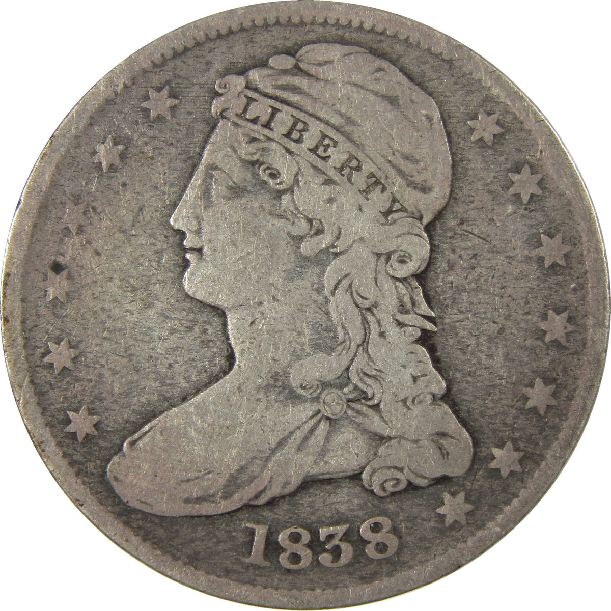 1838 Capped Bust Silver Half Dollar F Fine 50c Coin SKU:I28250