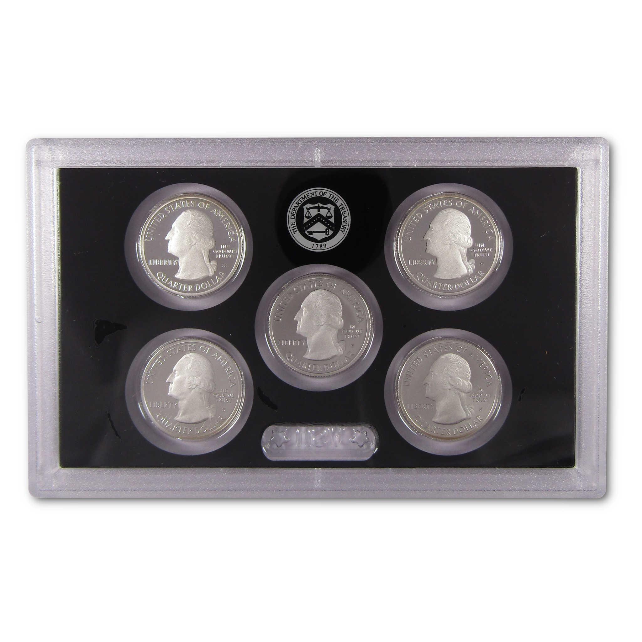 Collectible US quarter dollar coin set in protective display case, five coins, proof finish