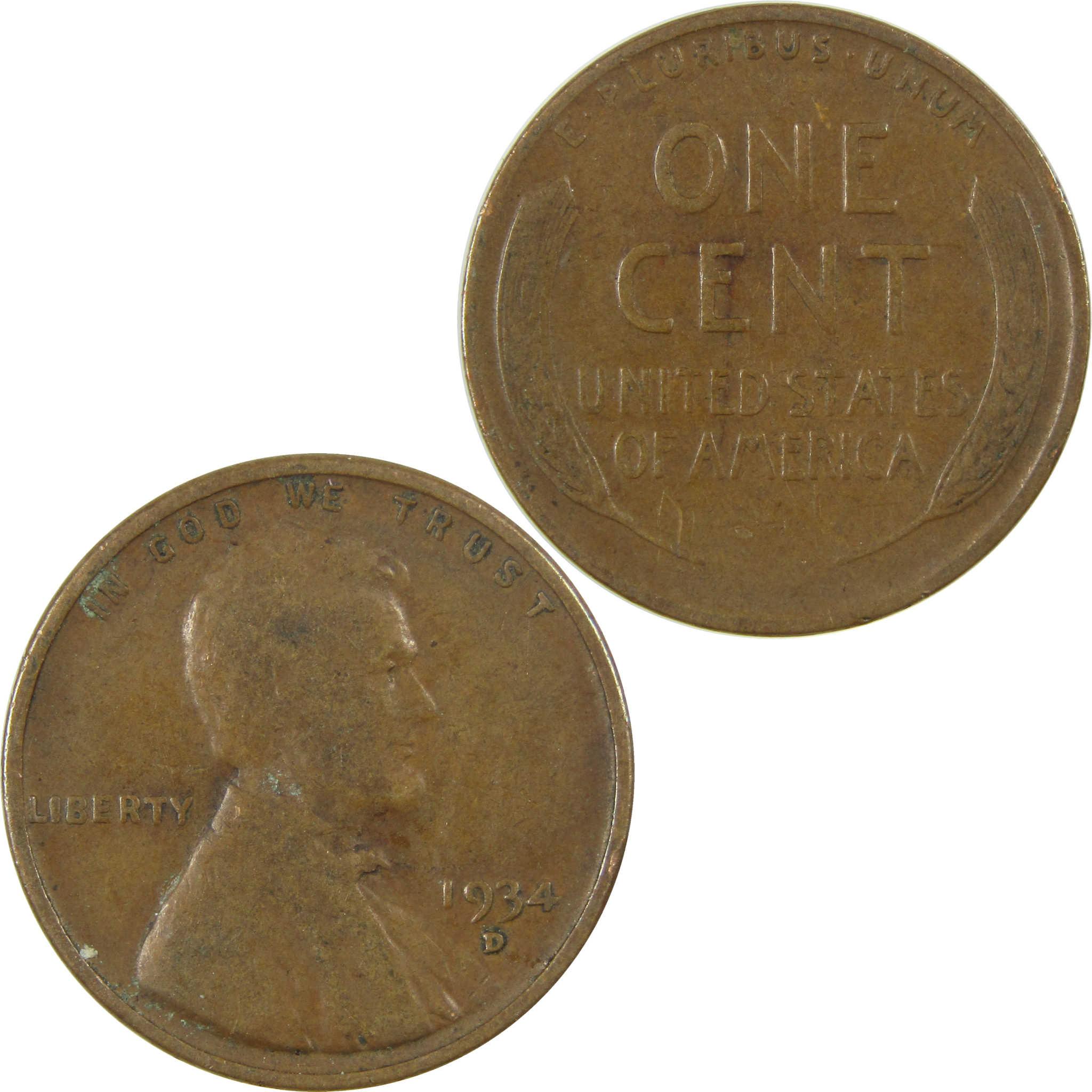 1934 D Lincoln Wheat Cent F Fine Penny 1c Coin Collectible SKU:I26788