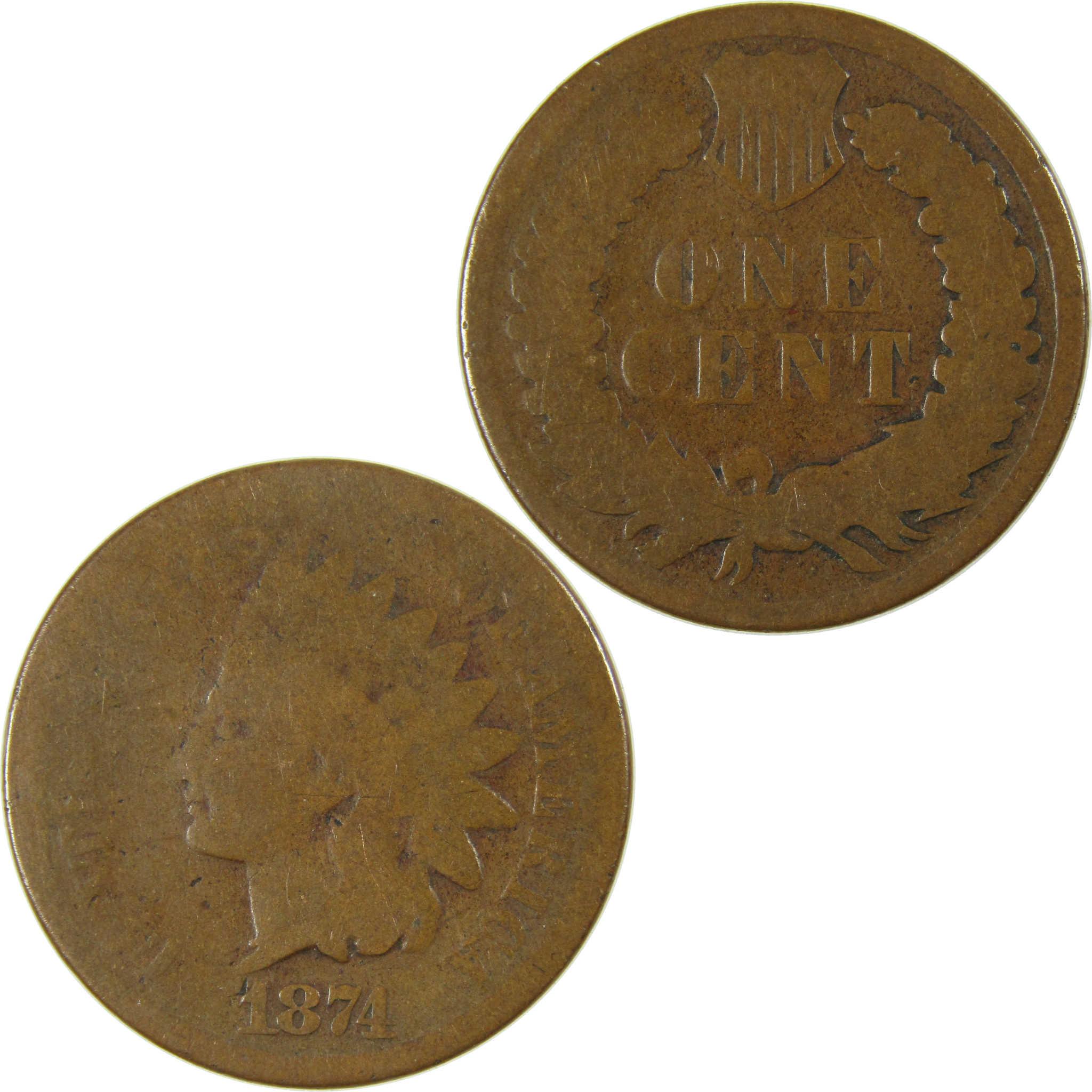 1874 Indian Head Cent AG About Good Penny 1c Coin SKU:I26411