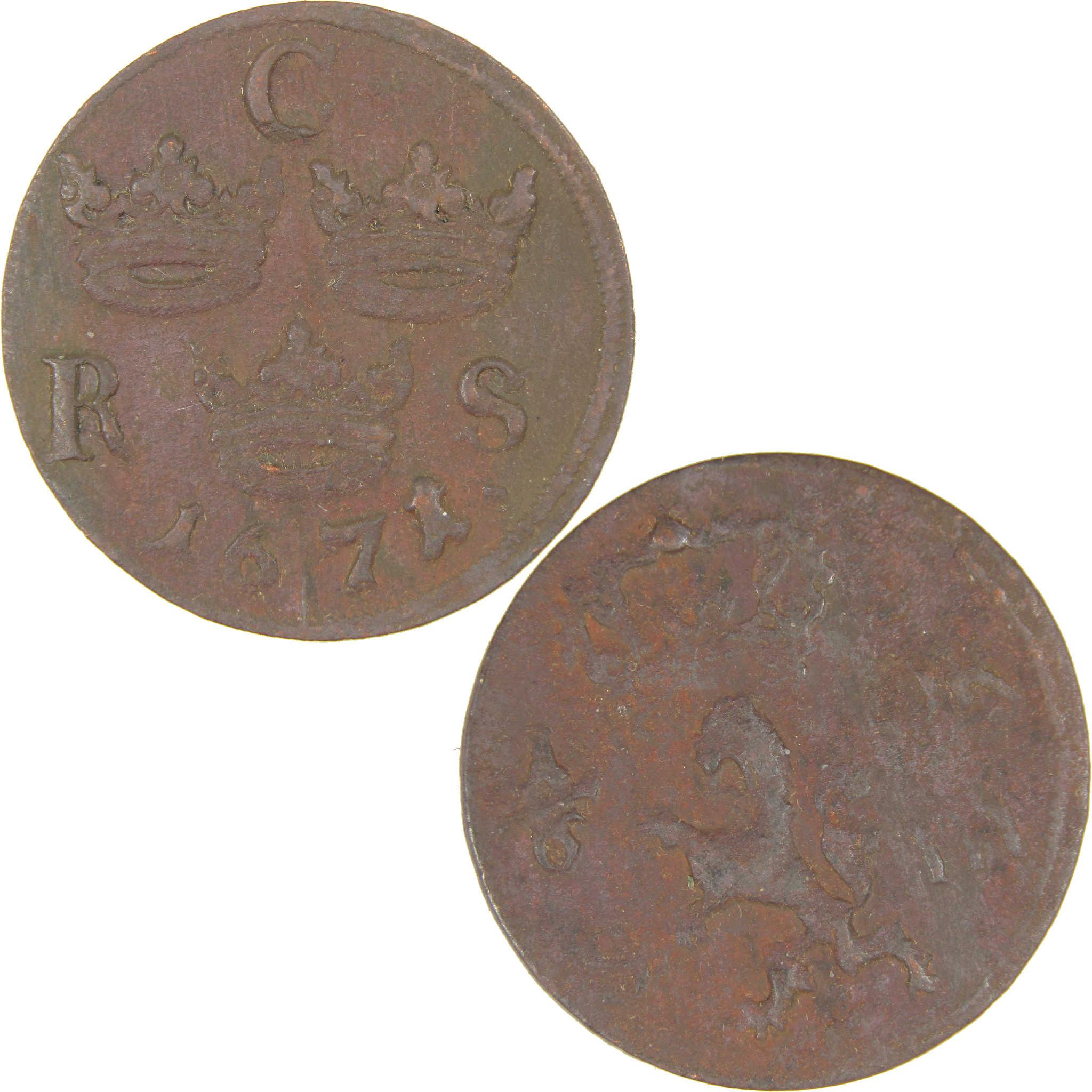 1666-1686 Charles XI 1/6 Ore XF EF Extremely Fine Copper Coin