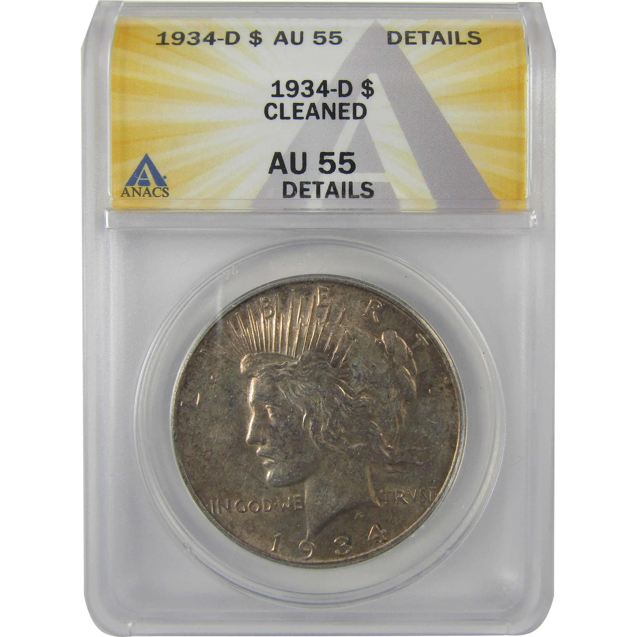 1934 D Peace Dollar AU 55 Details ANACS Silver $1 Coin SKU:I21602