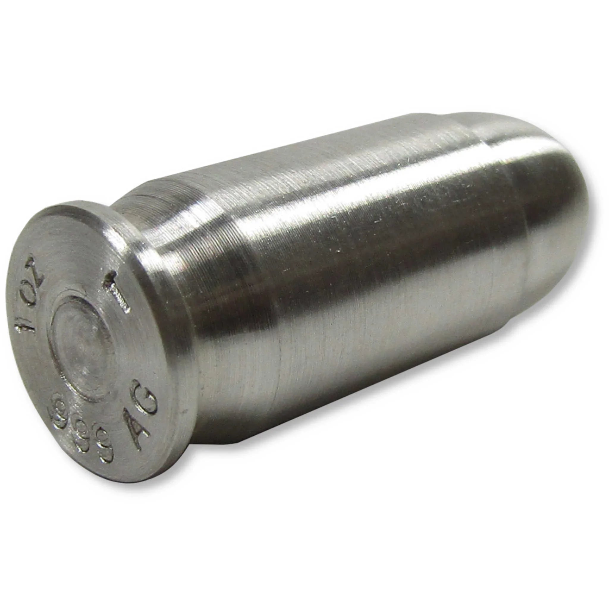 One ounce .999 fine silver bullet-shaped collectible with engraved markings on base