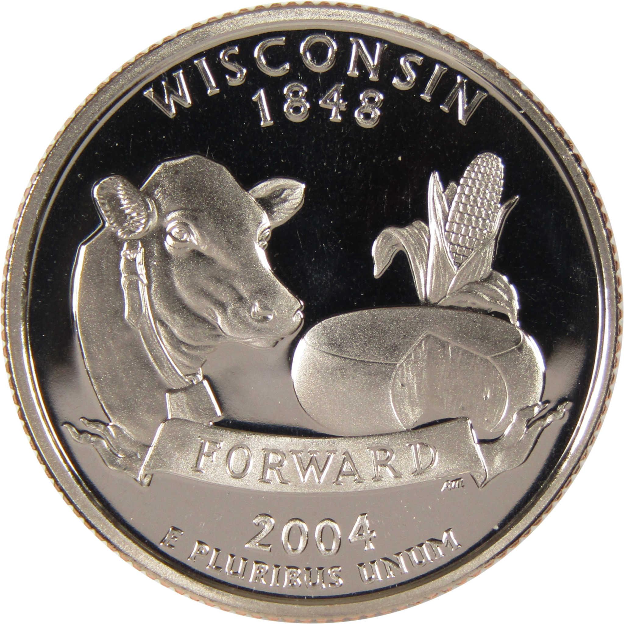 Wisconsin 2004 state quarter coin with cow, cheese, and corn design