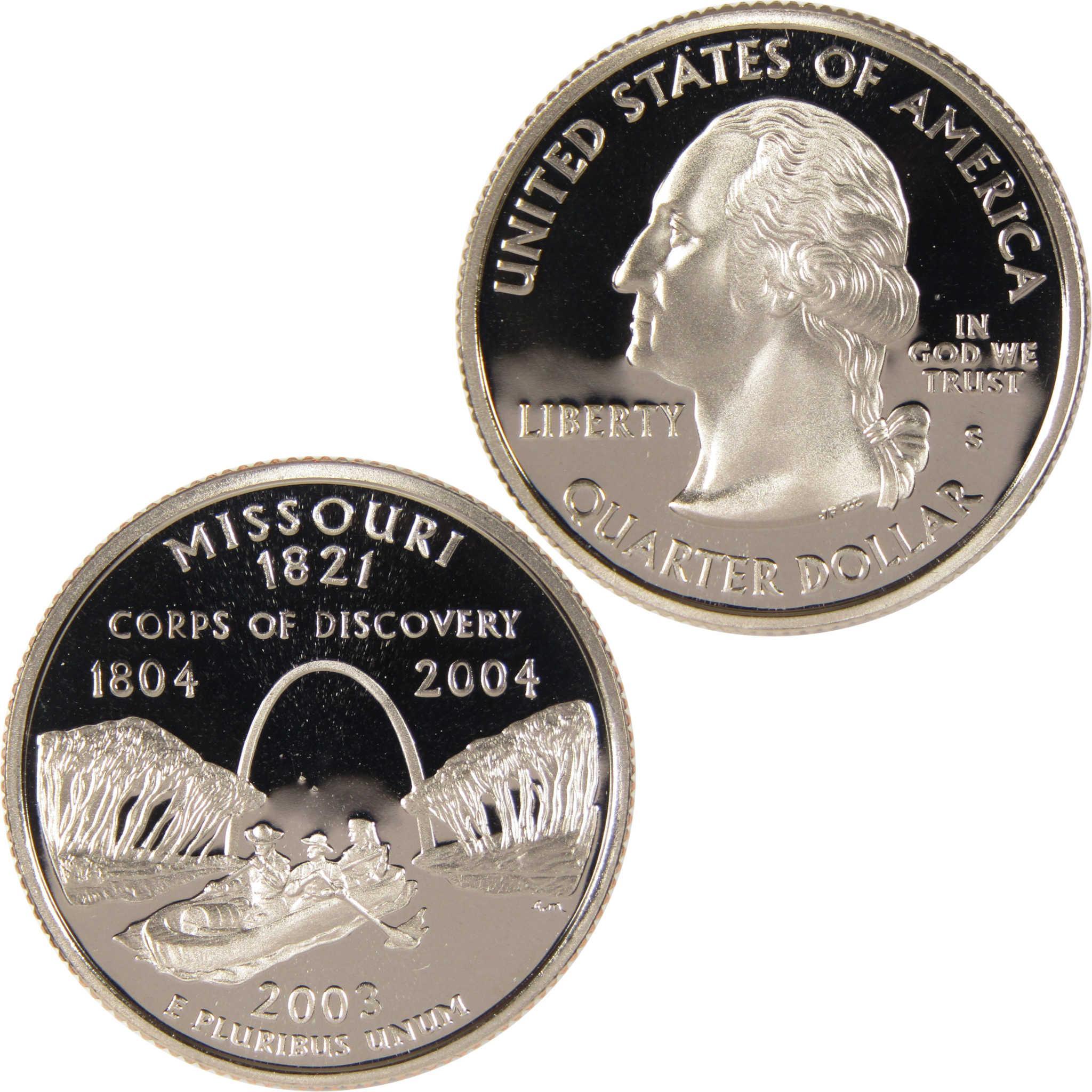 Missouri state quarter 2003 featuring Corps of Discovery canoe and Gateway Arch design