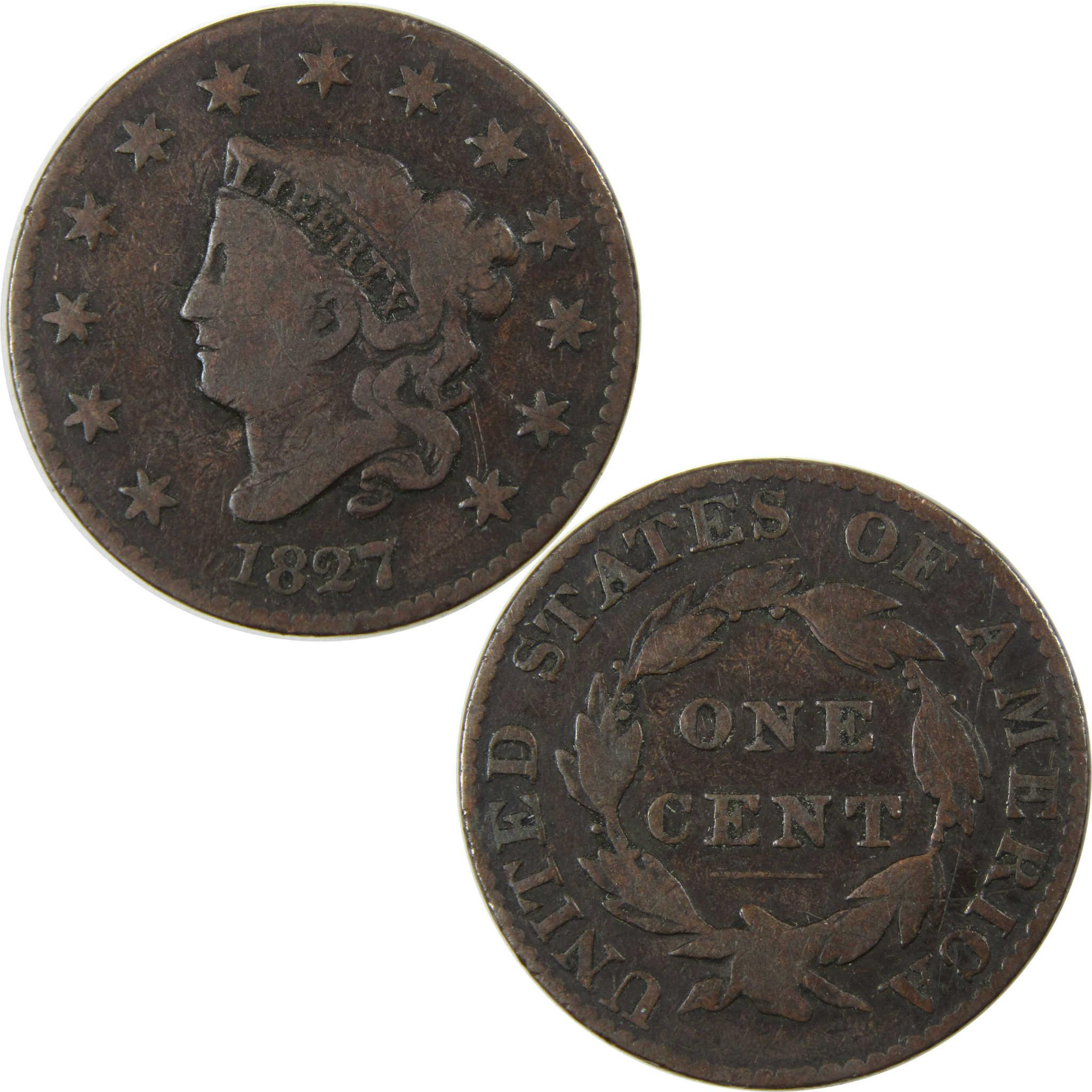1827 Coronet Head Large Cent VG Very Good Copper Penny SKU:I23924