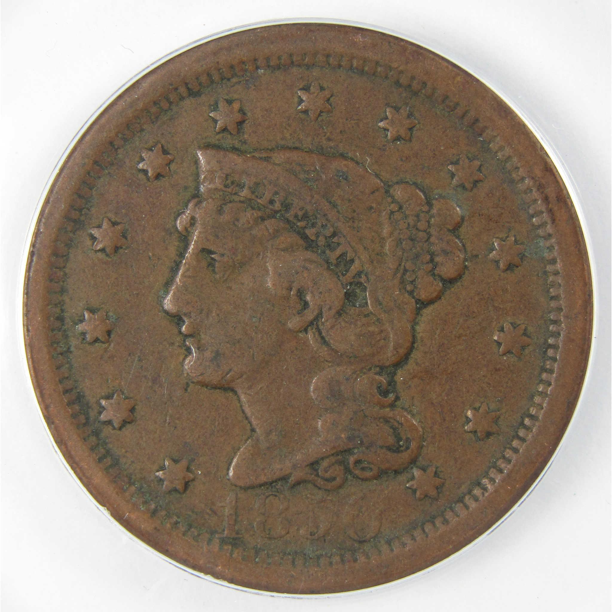 1850 Braided Hair Copper Large Cent VF 30 ANACS Penny SKU:I25622