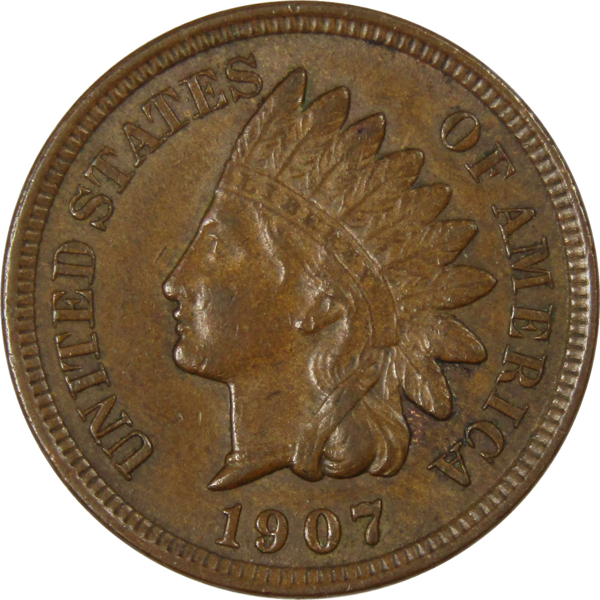 1907 Indian Head Cent AU About Uncirculated Penny 1c Coin Collectible