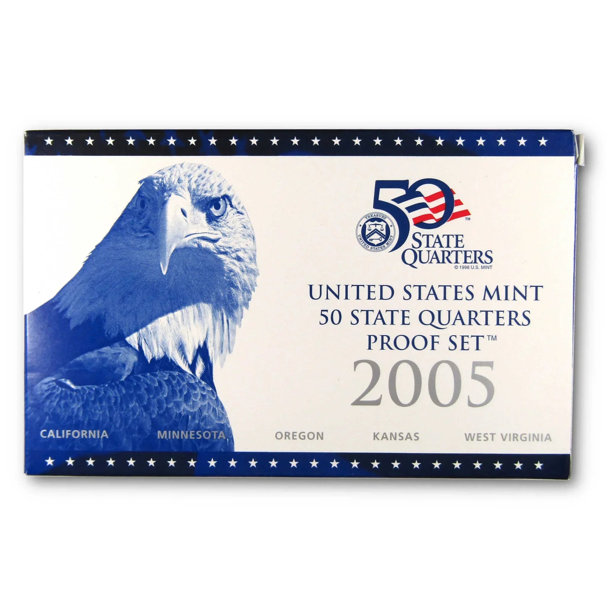 2005 United States Mint 50 State Quarters proof set box with bald eagle and coin set branding