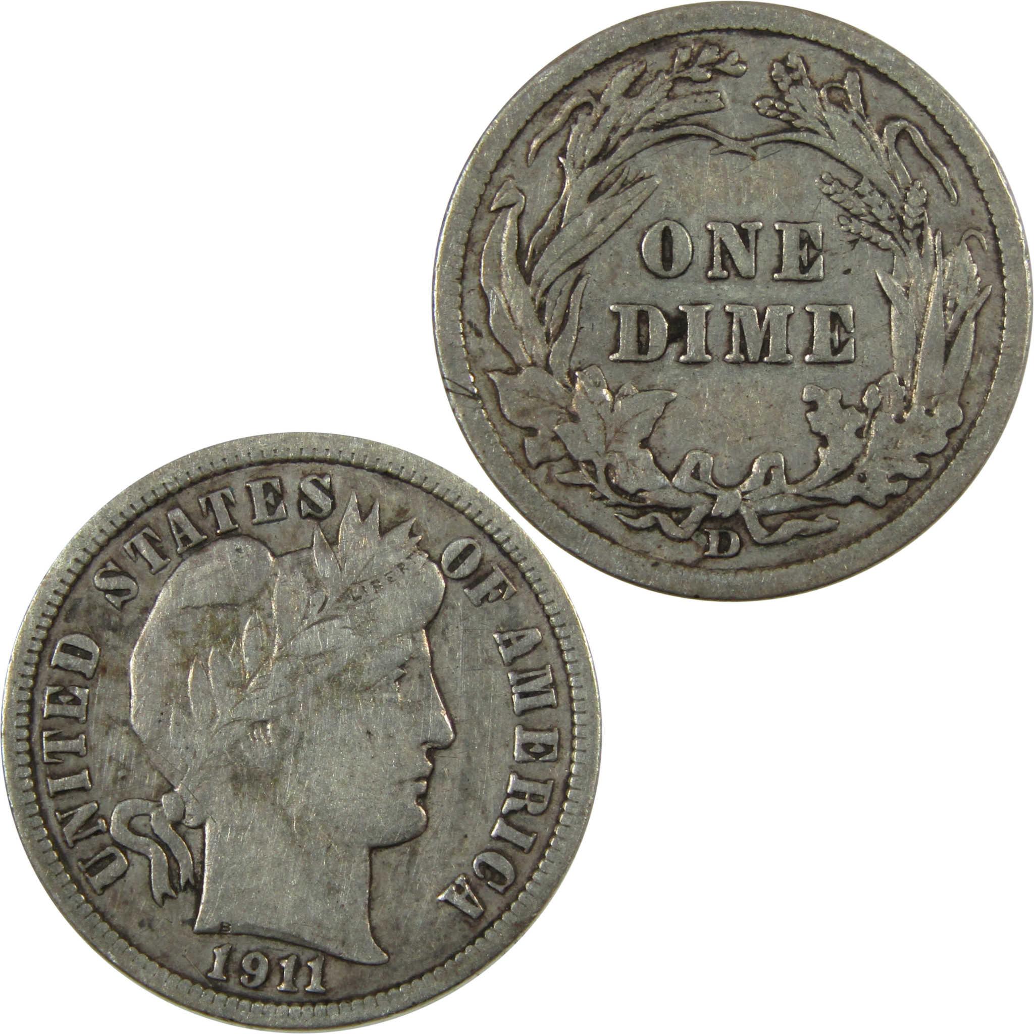 1911 D Barber Silver Dime VF Very Fine 10c Coin Collectible SKU:CP1335