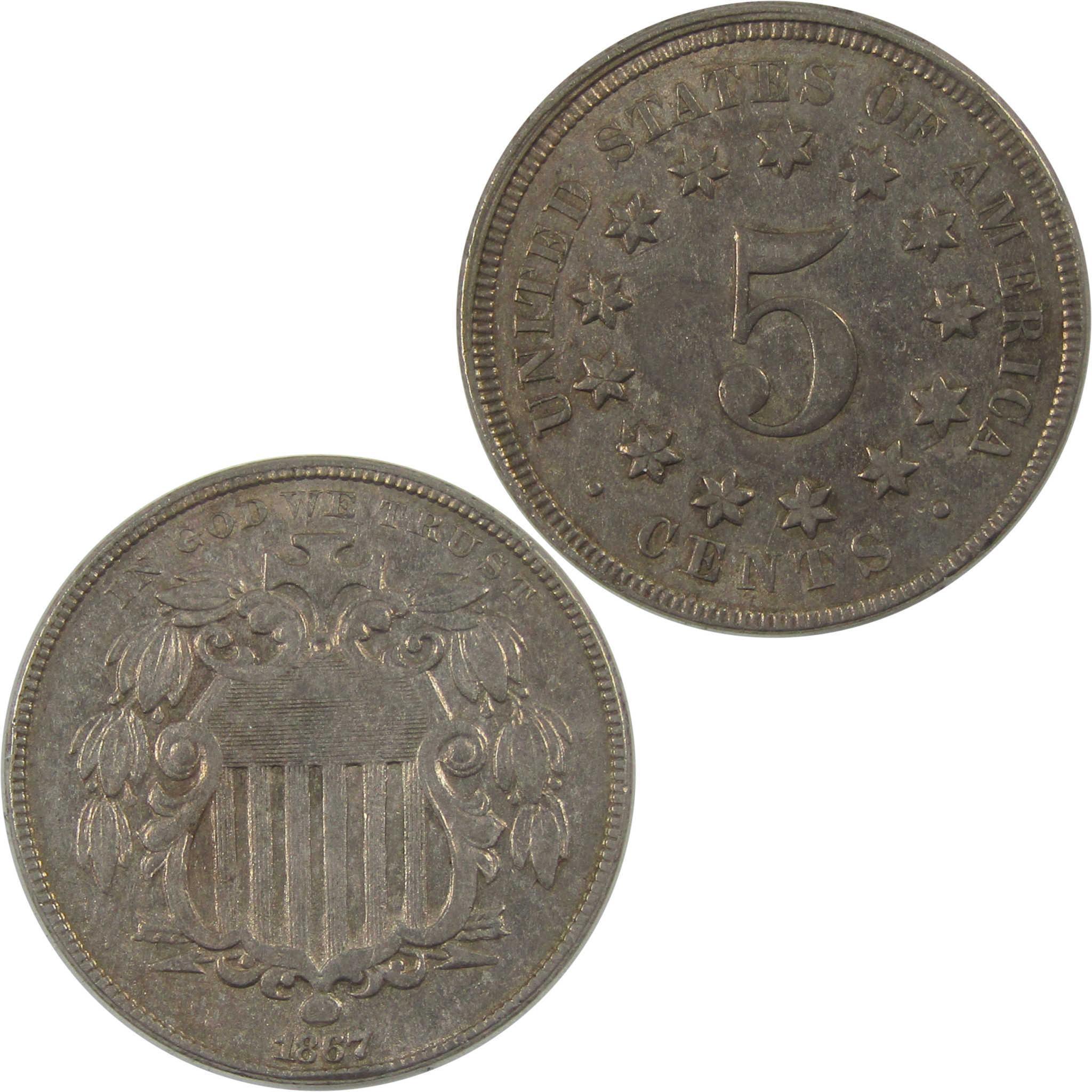 1867 No Rays Shield Nickel AU About Uncirculated 5c Coin SKU:I24560