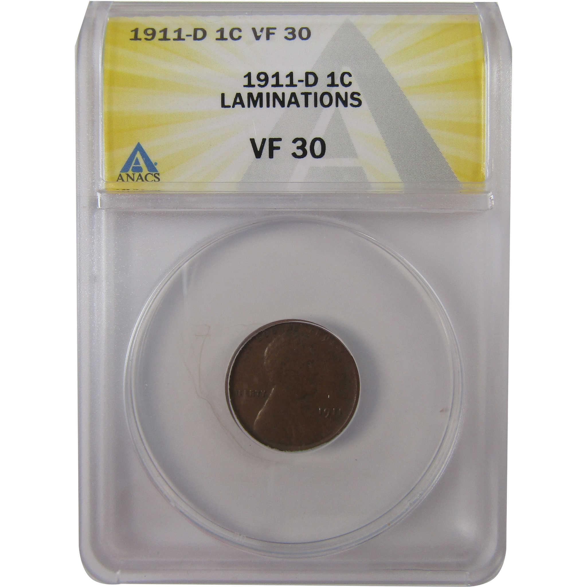 1911 D Lincoln Wheat Cent VF 30 ANACS Lamination Mint Error SKU:I25627